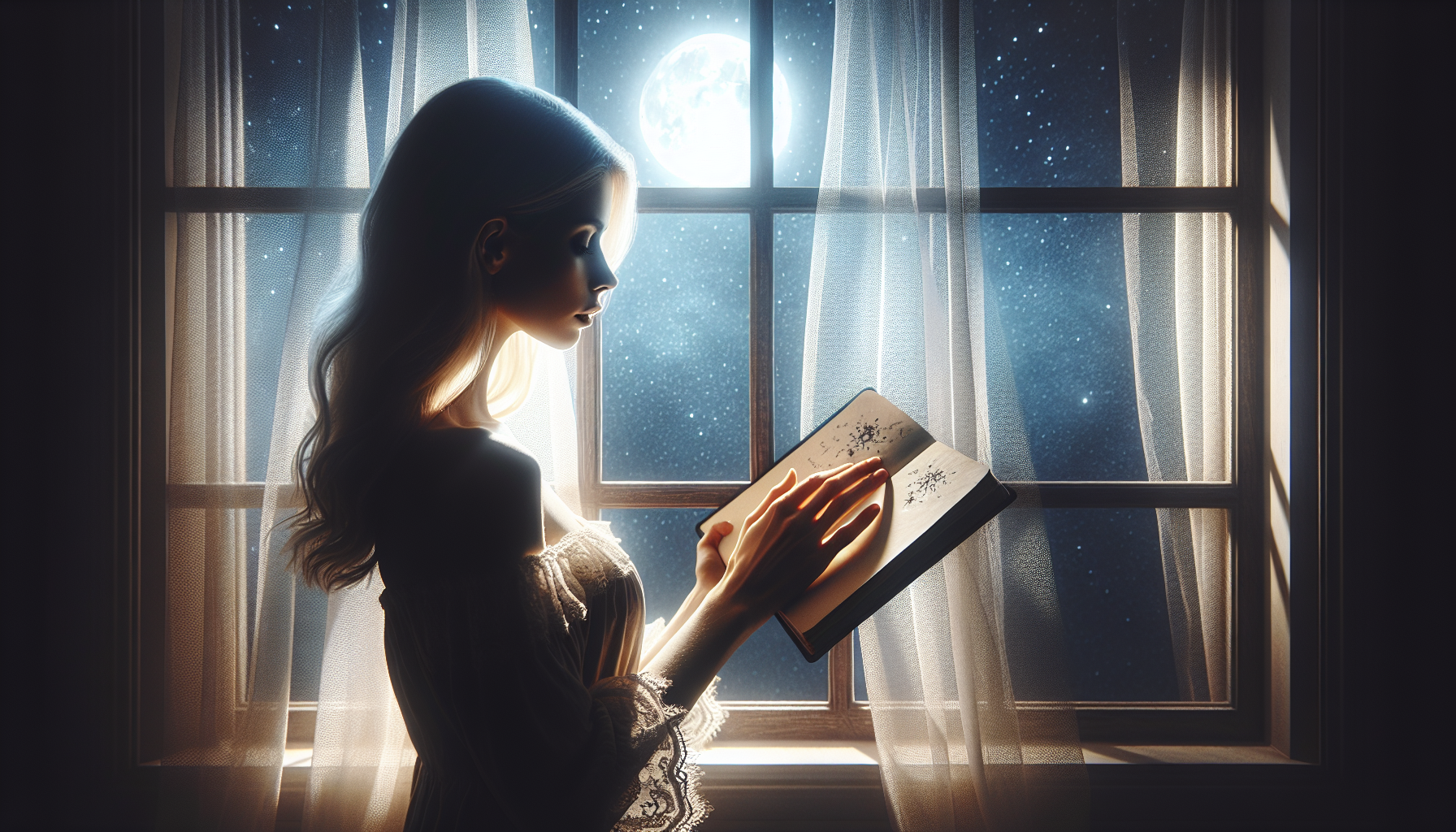 A woman standing at a window, moonlight falling across her journal.