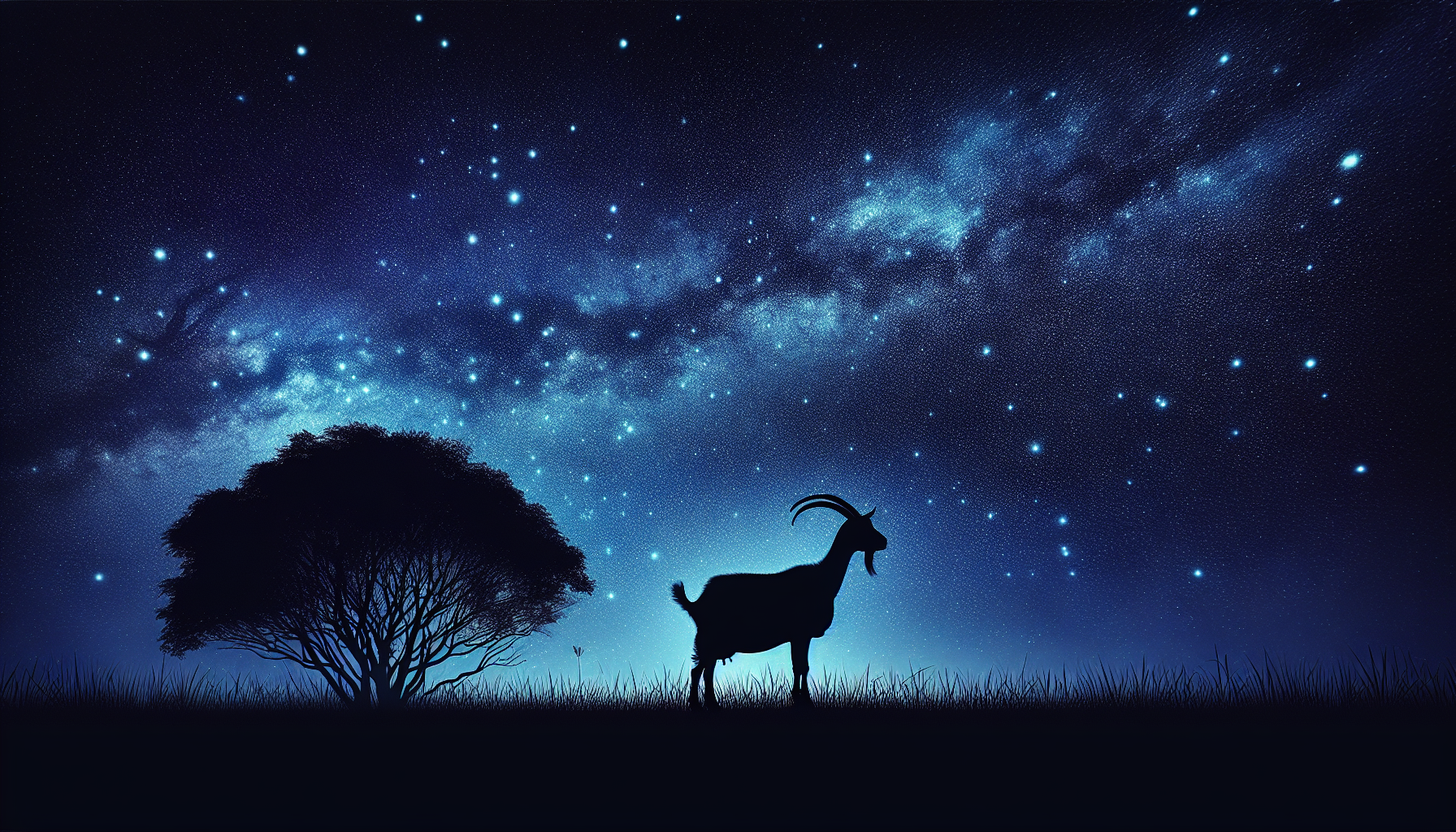 A goat’s silhouette against a deep indigo sky filled with stars.