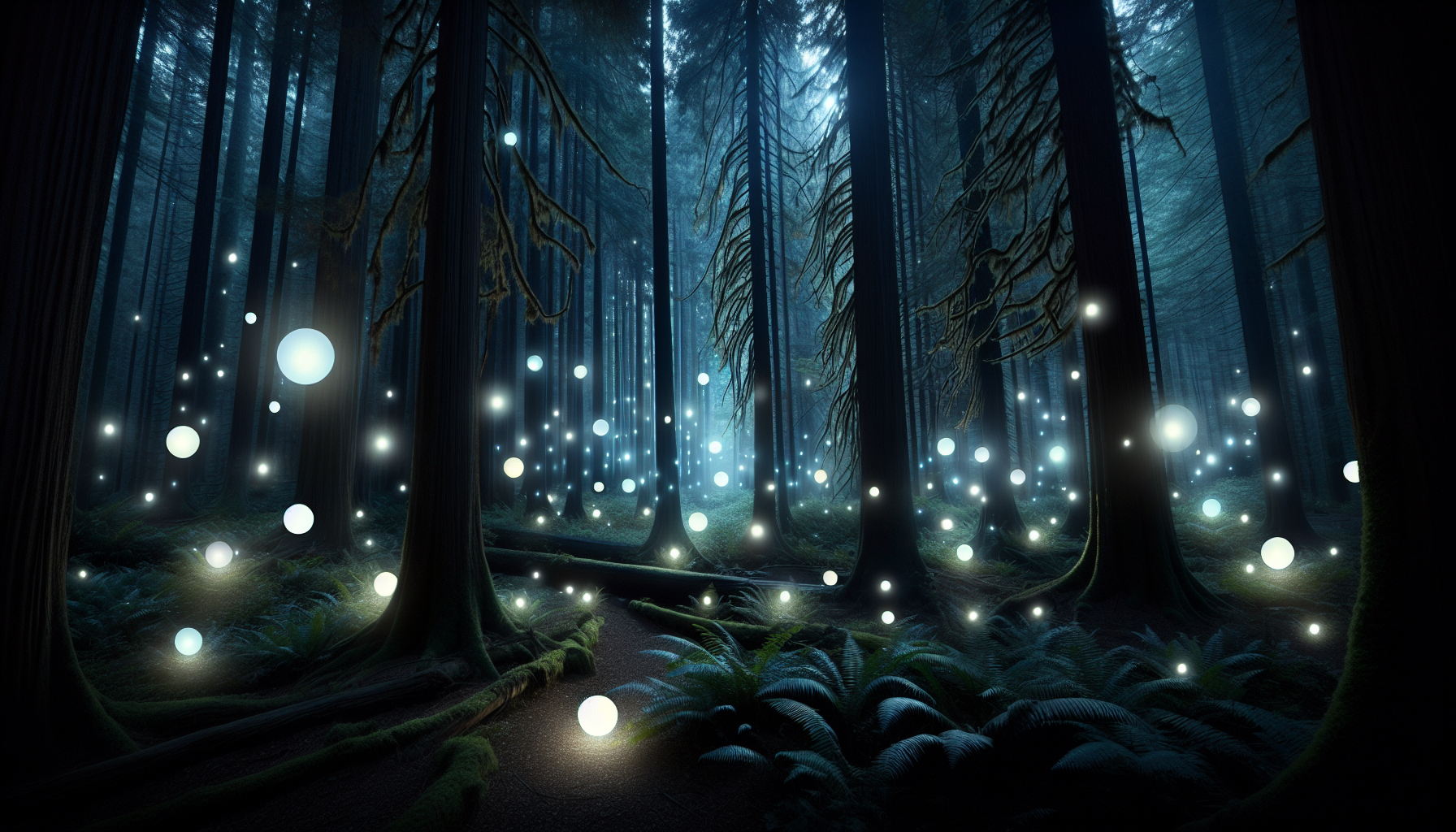A dark forest with glowing light orbs symbolizing transformation energy.