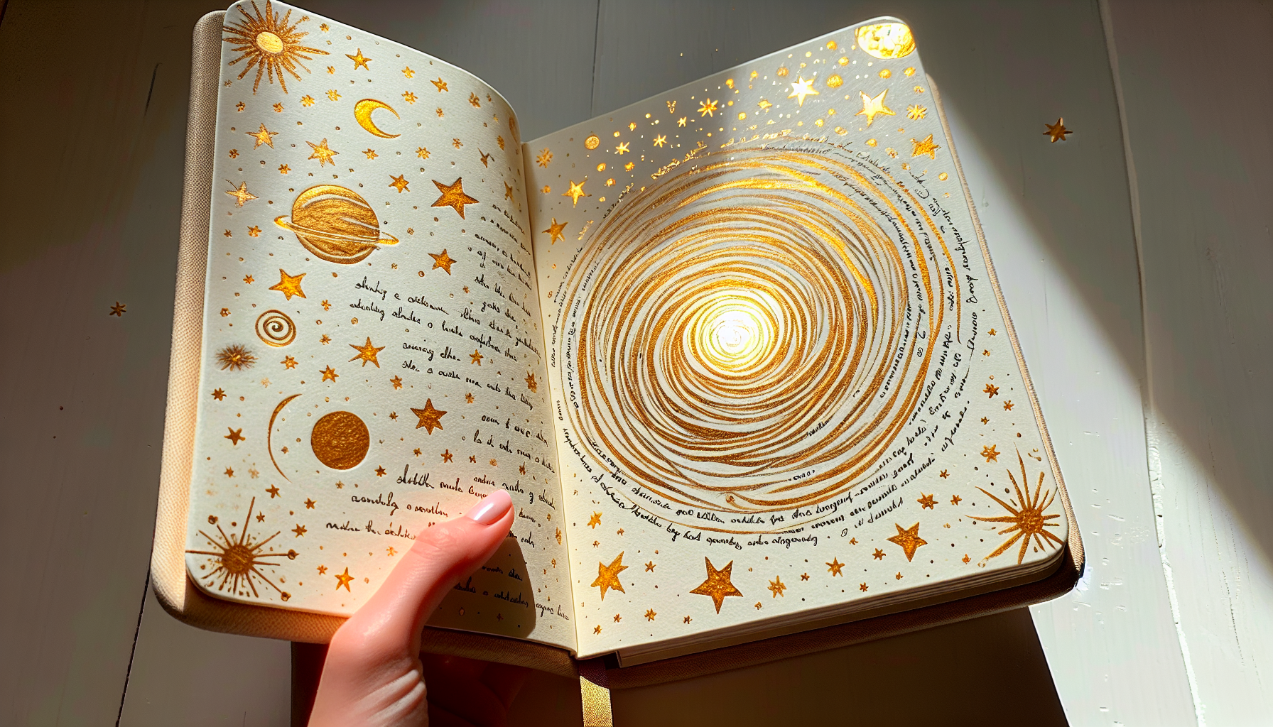 A celestial journal glowing with handwritten affirmations and golden ink.