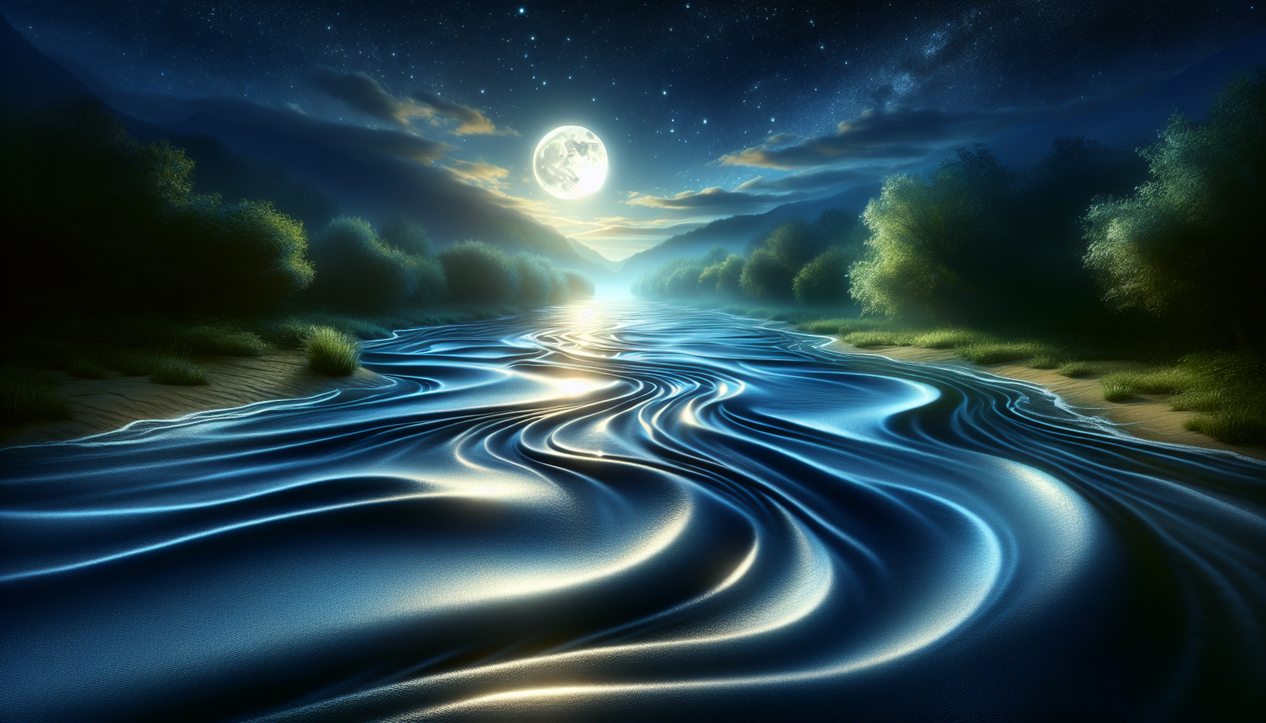 The reflection of moonlight on a river representing emotional flow.