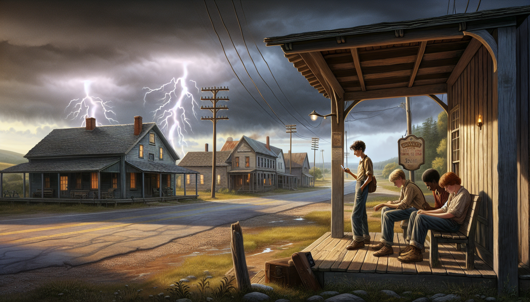 Imagine a small rural town during a stormy evening. The power is out, and 3 boys age 17 is waiting at an old waiting shed near the road trying to get a signal on 1 of their phone