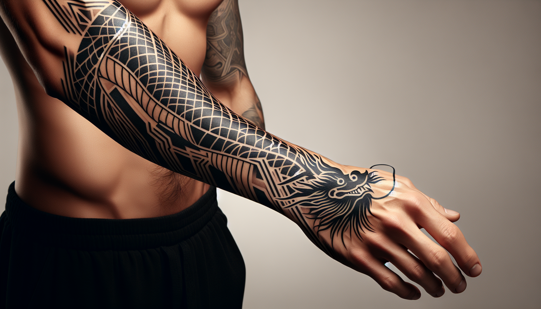 Realistic tattoo on a human forearm: a large geometric Chinese dragon in clean black line art, no shading, wrapping around the arm from the elbow to the wrist, with the dragon’s head extending onto the hand. The design should look elegant, stylized, and bold, following the curvature of the arm. The dragon should have a geometric structure but remain recognizable as a dragon — head, body, and tail — all in minimal, sharp lines. Soft natural lighting, realistic human skin texture.