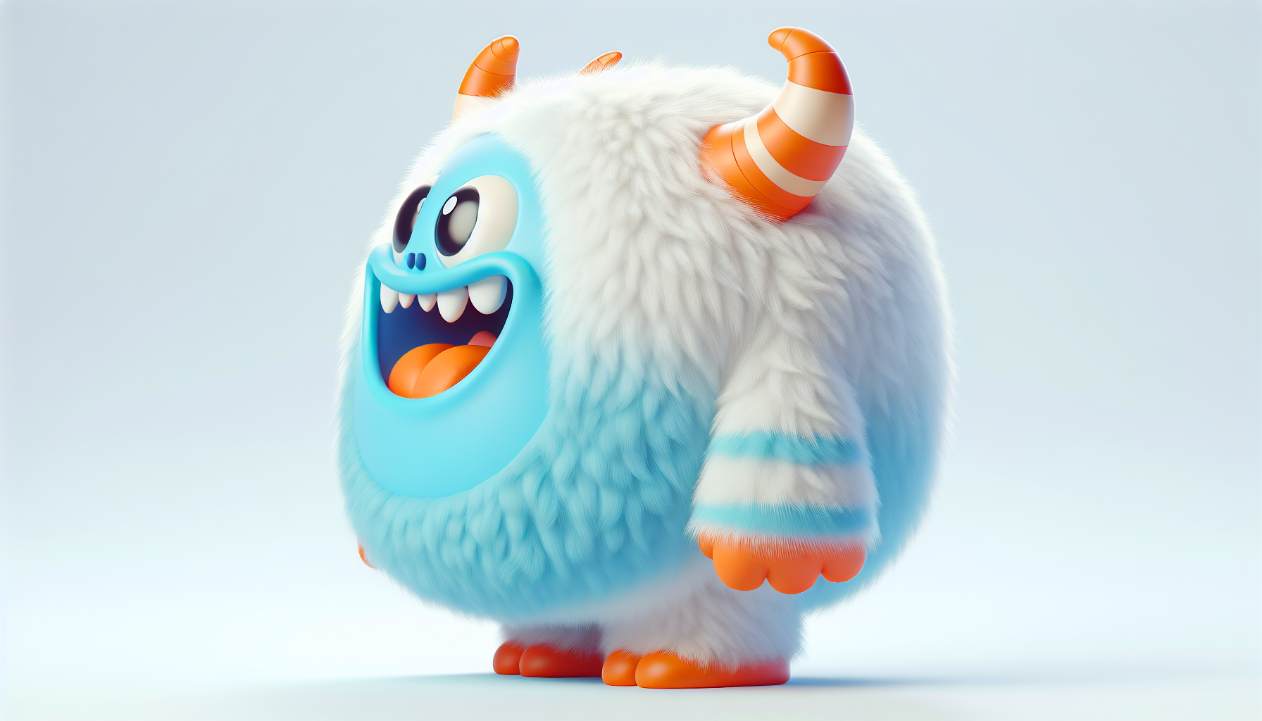 Side profile view of the same 3D cartoon fluffy monster character. The character has a big round fluffy white body, bright blue face and arms, orange striped curved horns, big cartoon eyes, wide open smiling mouth with visible teeth and tongue, and small orange feet. Keep the same Pixar-style 3D cartoon look, soft fluffy fur, and toy-like proportions. Show the entire character from the side view with a clear silhouette, neutral standing pose, clean white or light background.
