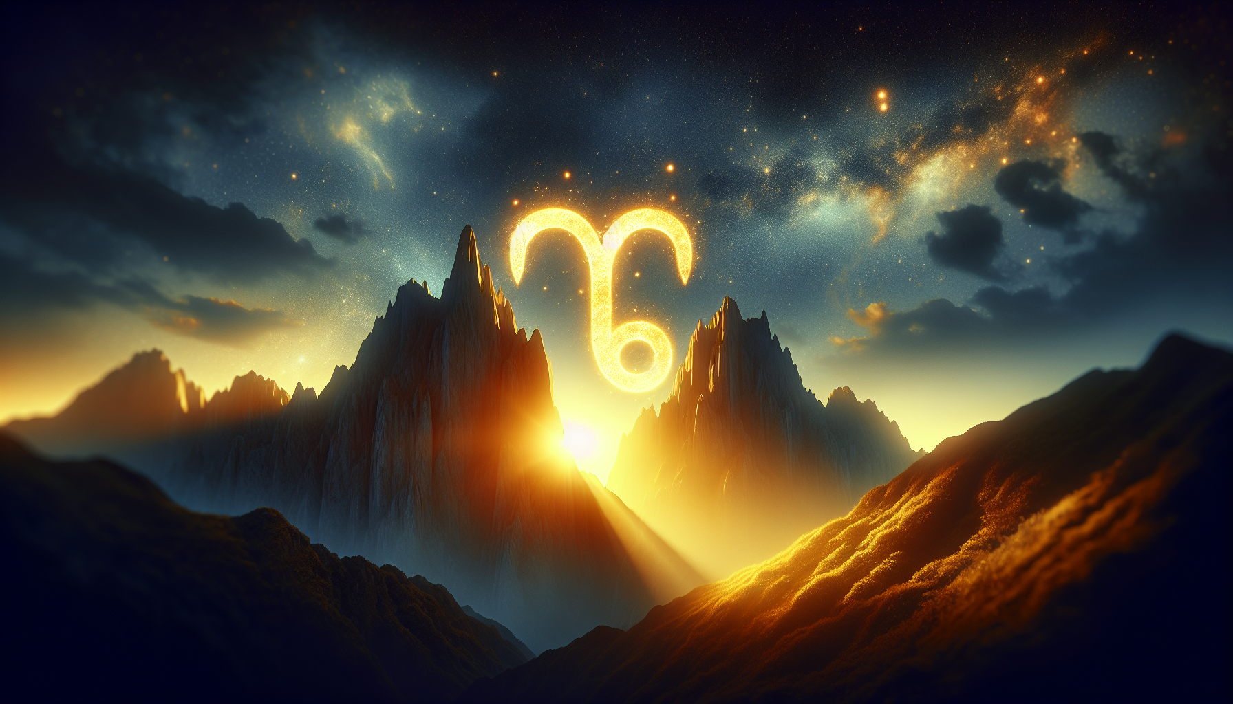 Golden Capricorn symbol glowing over mountain peaks, dark moody tones, cosmic energy