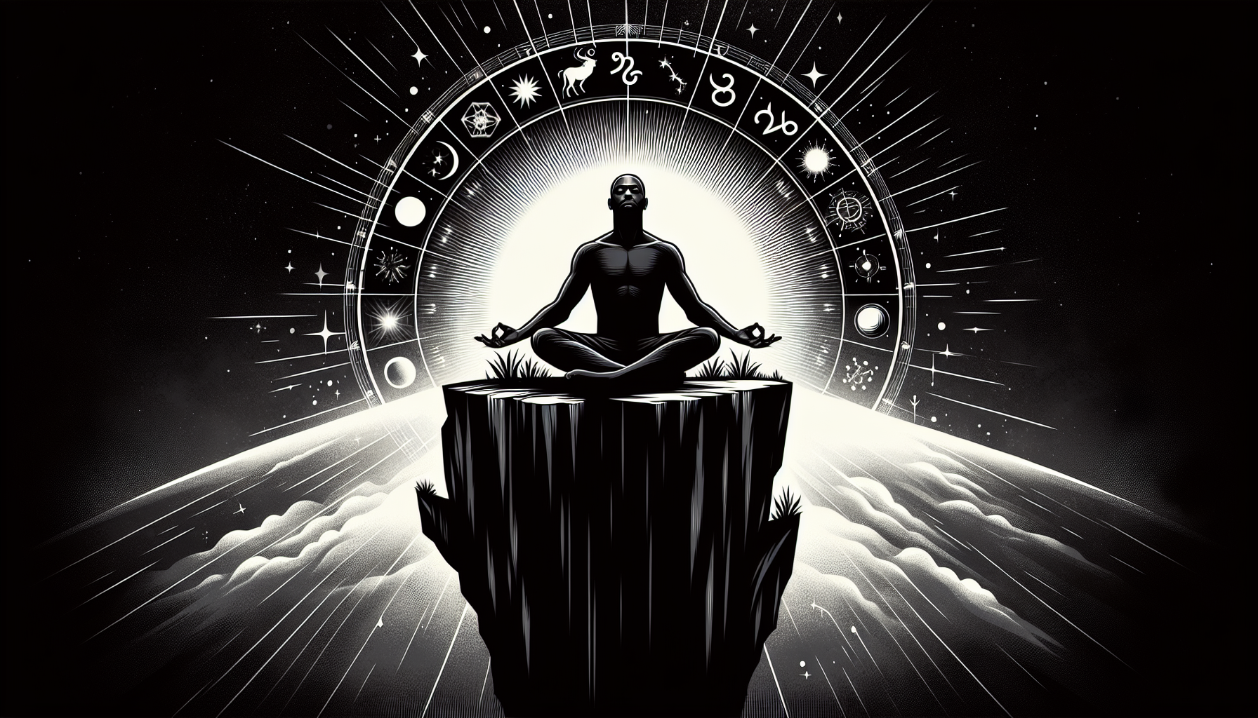 Shadowed Capricorn man meditating on cliff, mystic energy surrounding him