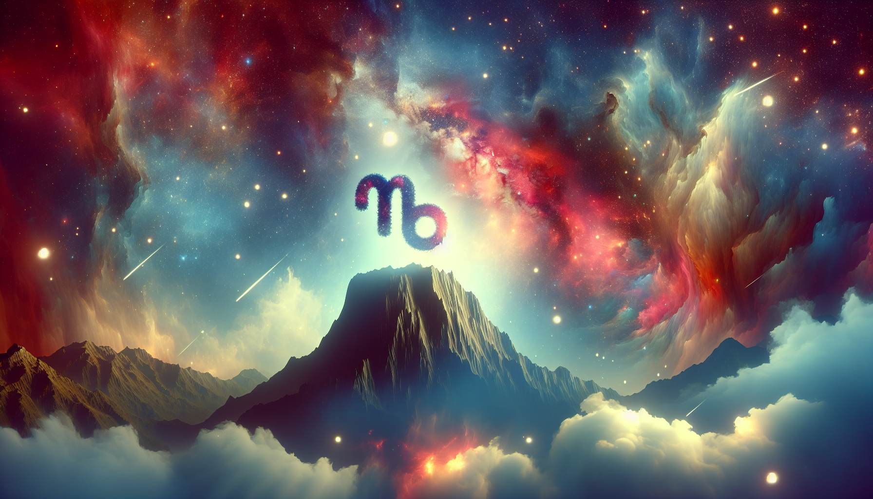 Floating mountain shaped like Capricorn symbol, cosmic landscape