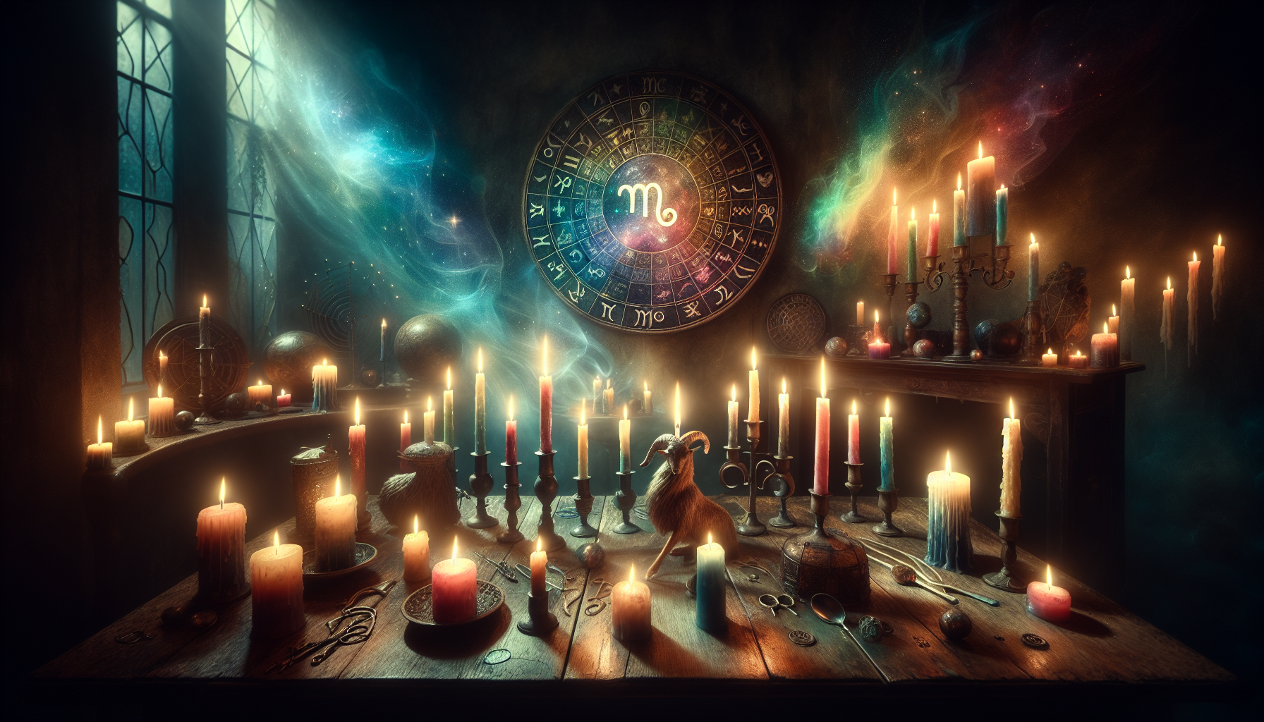 Mystic candles arranged in Capricorn symbol, dark atmospheric lighting