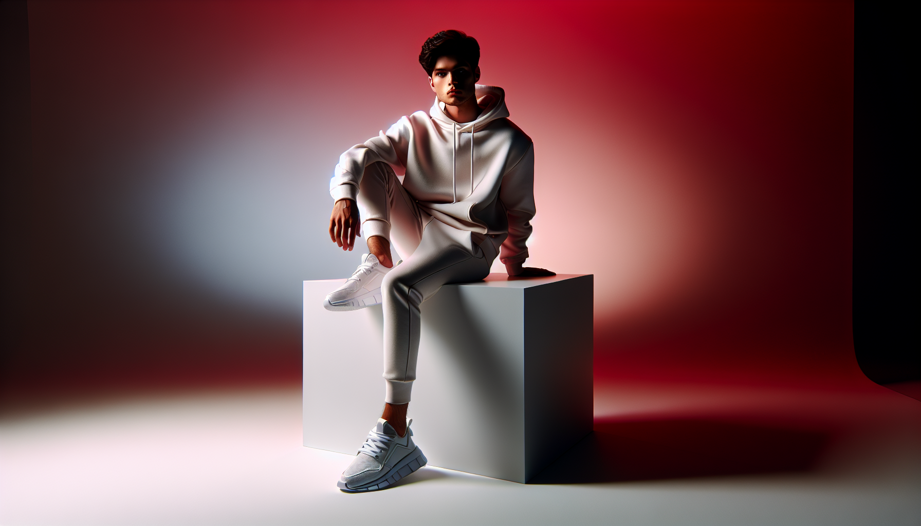 A realistic photo of a young man sitting on a white cube, wearing all white (hoodie, pants, sneakers), red background gradient, soft cinematic studio lighting, professional photoshoot style, 4K detailed, minimal shadows