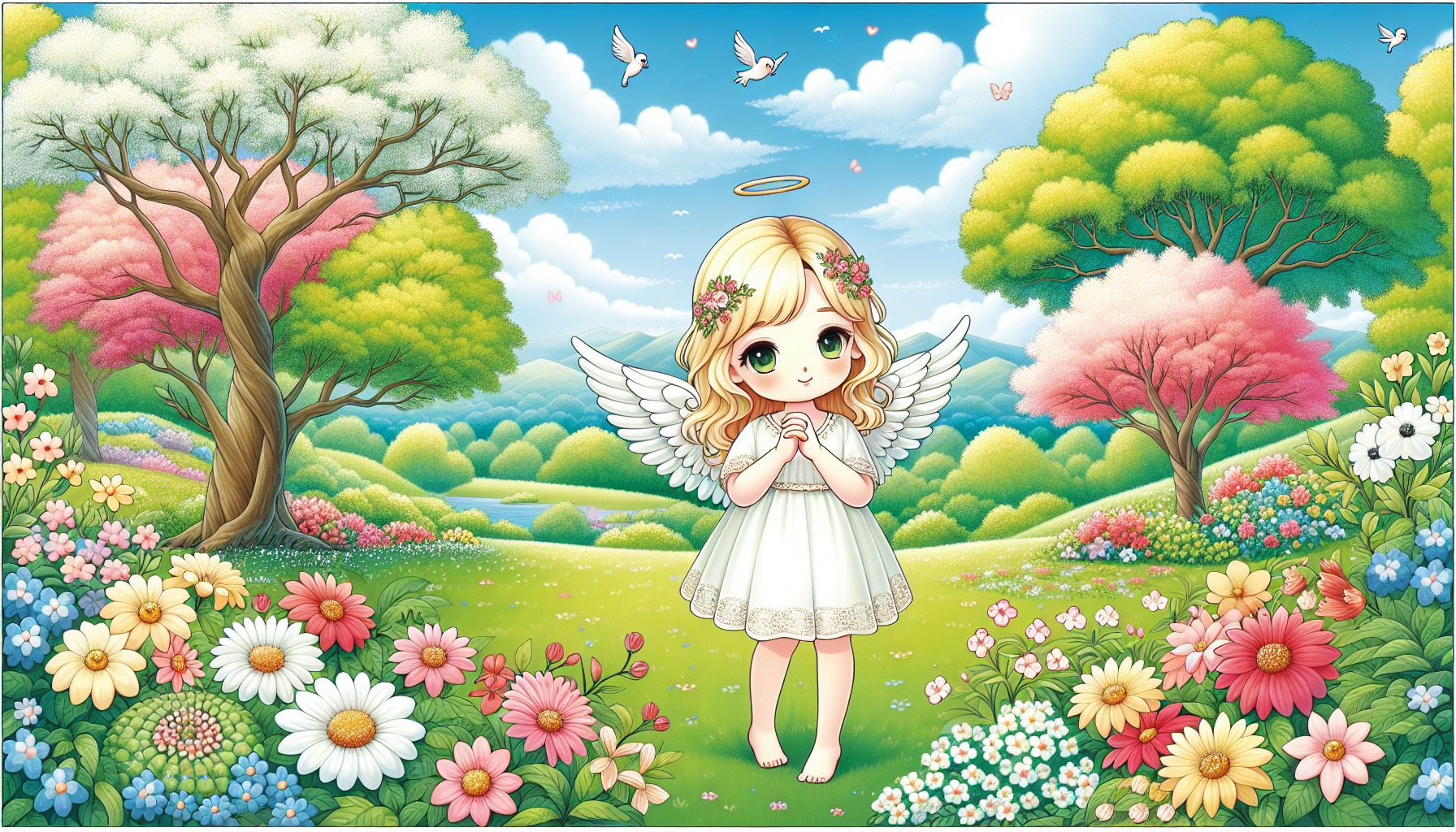 cute angel girl,blonde hair,white wings,dress.grass,flowers,sky,trees