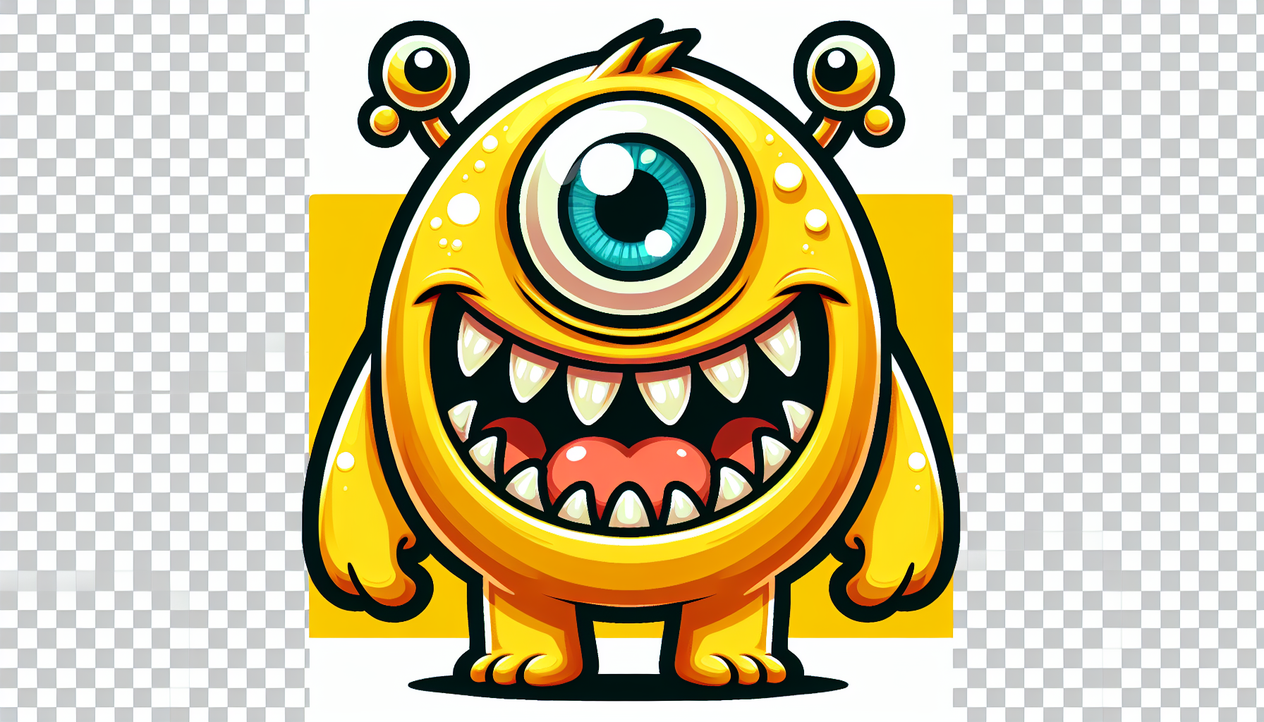 2D cartoon yellow monster character, front view. One big eye, two antennae with eyeballs on top, wide open smiling mouth with fangs, short arms and legs, rounded body. Vector art, clean linework, bright colors, flat shading. Transparent background, isolated PNG.
