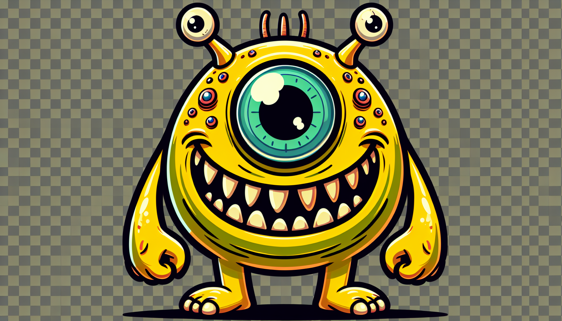 2D cartoon yellow monster character, front view. One big eye, two antennae with eyeballs on top, wide open smiling mouth with fangs, short arms and legs, rounded body. Vector art, clean linework, bright colors, flat shading. Transparent background, isolated PNG.
