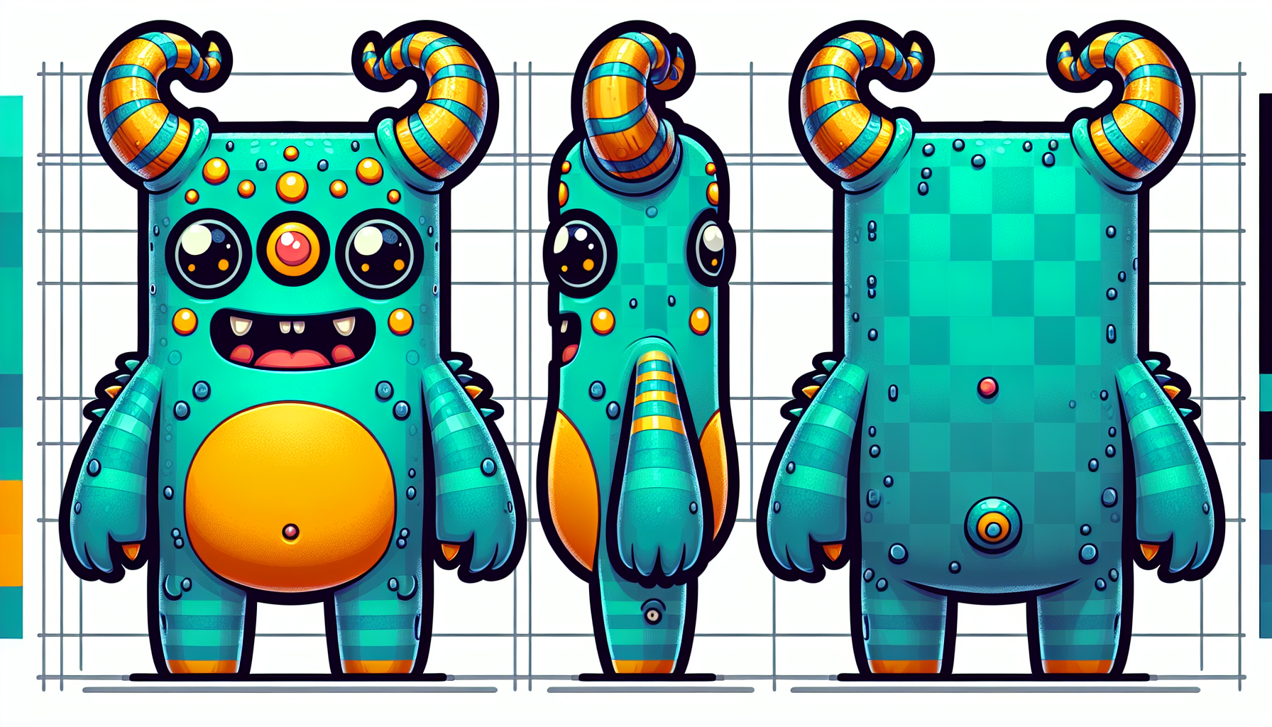 2D cartoon turquoise monster character, front and side view, character turnaround sheet. Square-like body, three eyes, two orange striped horns, yellow circle belly, short legs. Cute expression. Vector art, smooth outlines, flat colors. Transparent background, isolated PNG.
--ar 3:2 --v 5 --niji
front and side view» PNG with alpha».