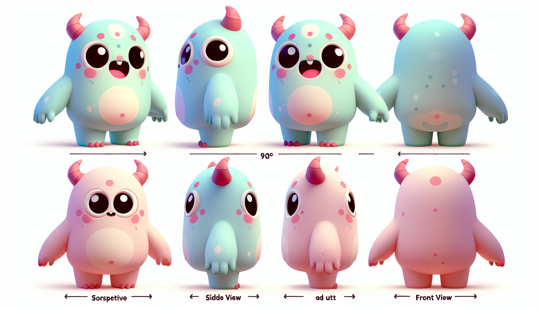 A 3D cartoon monster character, perfect side profile (90°), symmetrical T-pose, smooth skin (no fur), pastel colors, big round head, wide smile, big eyes, small horns, chubby round body, short legs, small arms with rounded fingers, Pixar style, white background, character turnaround sheet, clean outline, centered A 3D cartoon monster character, front view, symmetrical T-pose, smooth skin (no fur), pastel colors, big round head, wide smile, big eyes, small horns, chubby round body, short legs, small arms with rounded fingers, Pixar style, white background, character turnaround sheet, clean outline, centered
