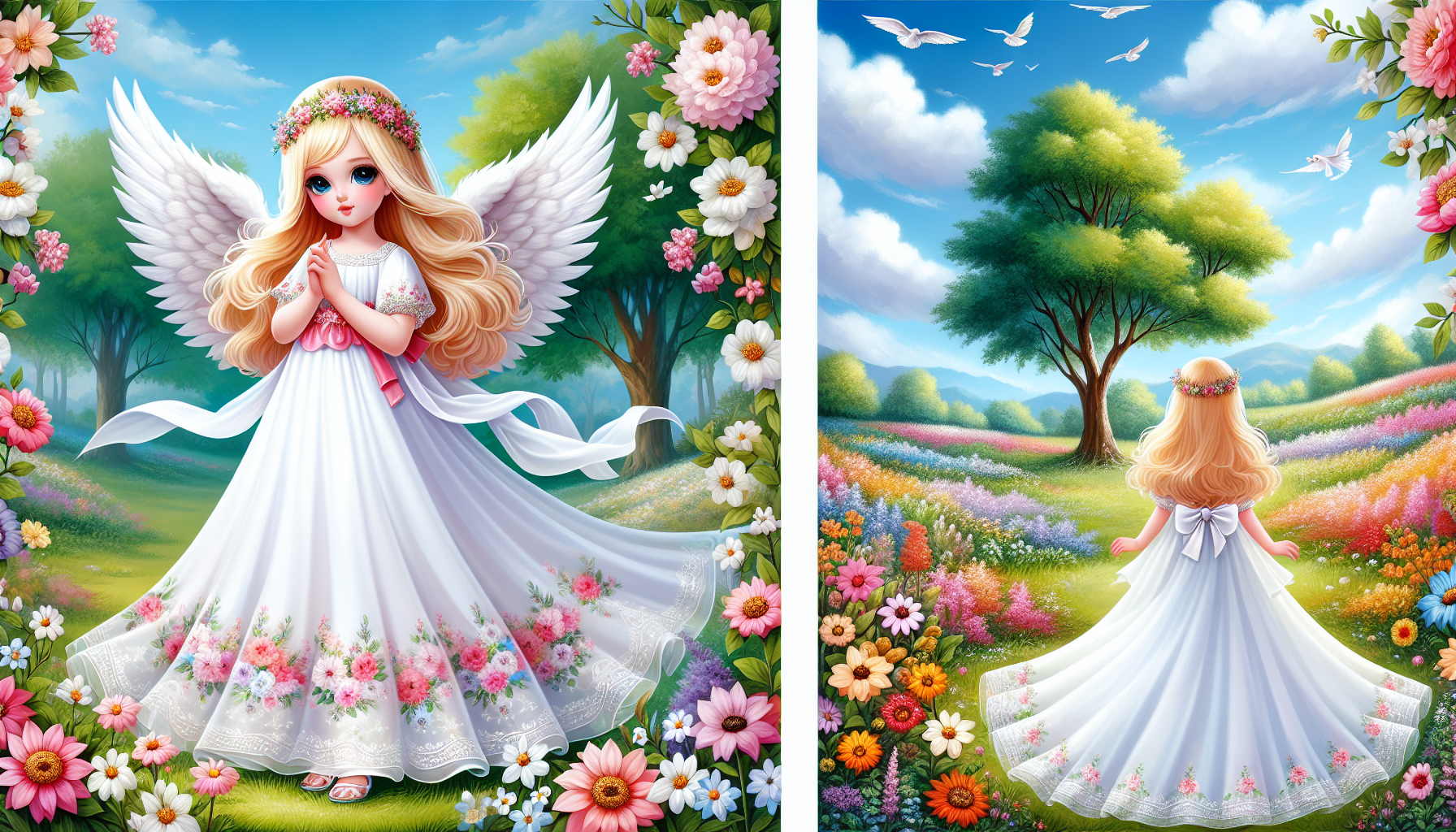 cute angel girl,blonde hair,white wings,dress.grass,flowers,sky,trees