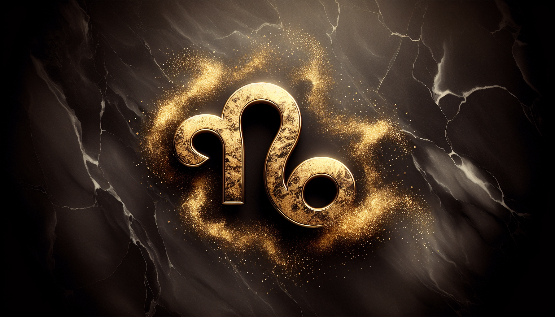 Elegant Capricorn symbol (♑) made of gold dust emerging from dark marble texture