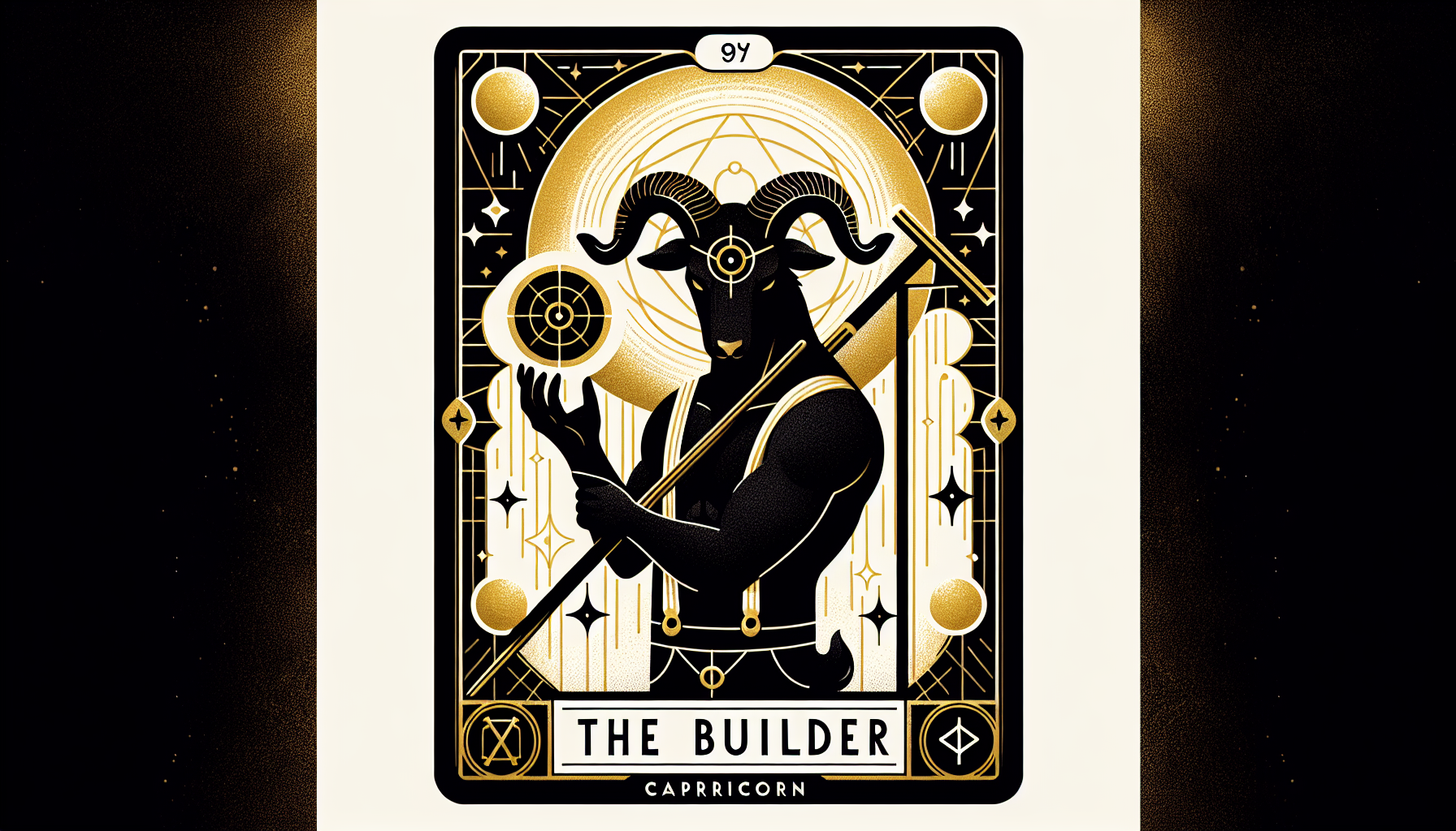 Capricorn-themed tarot card titled “The Builder,” glowing in black and gold hues
