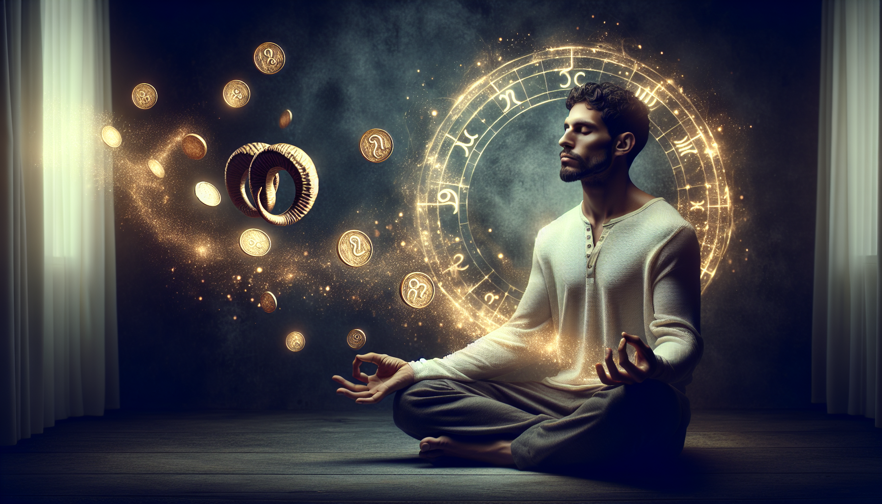 A meditative Capricorn man surrounded by levitating gold coins in a dark energy aura