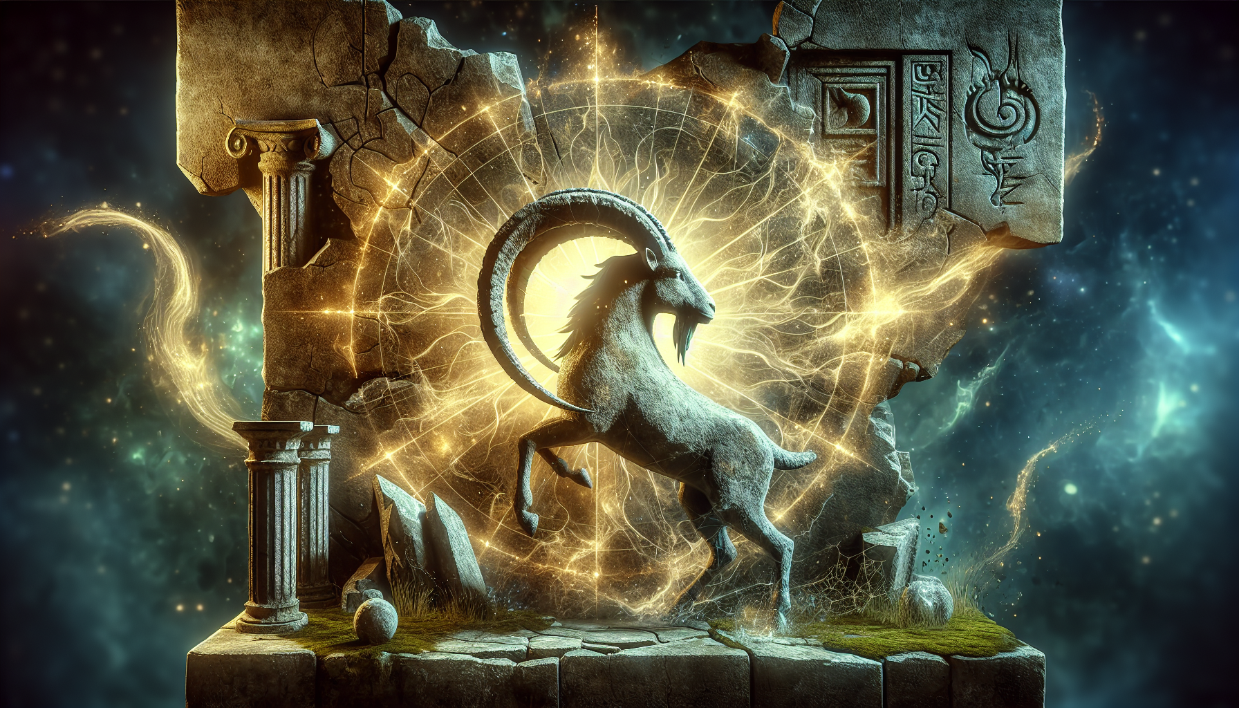 Ancient Capricorn statue awakening with golden cracks of divine energy