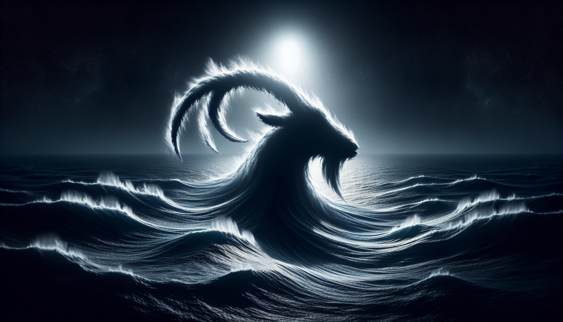 Dark ocean waves forming the shape of the Capricorn goat, lit by moonlight