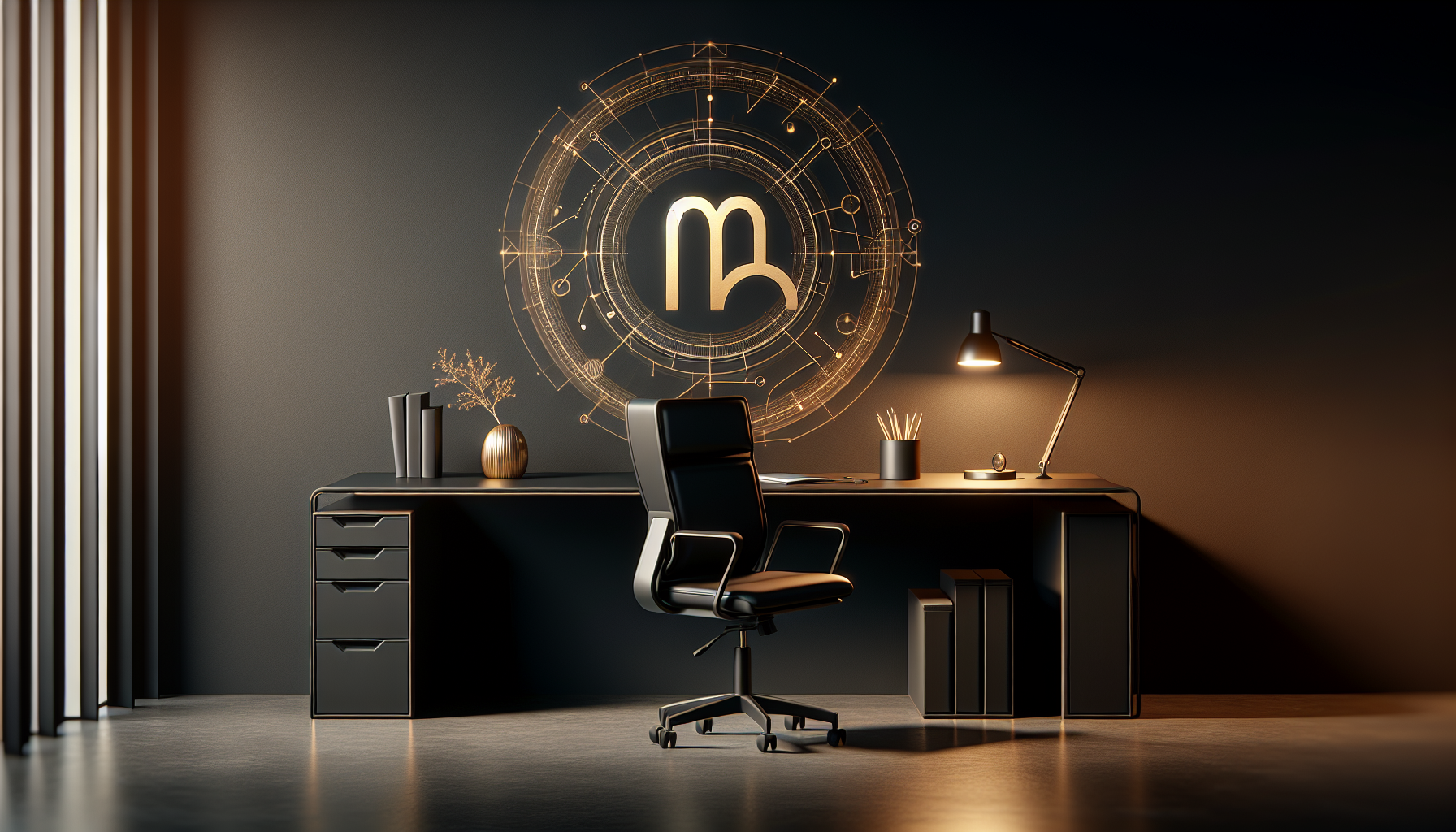 Dark minimalist workspace with a Capricorn symbol projected holographically in gold