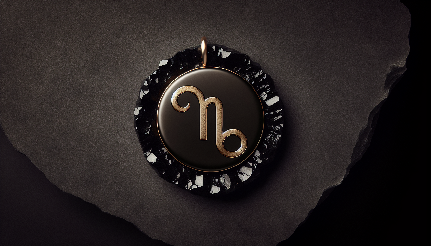 Minimalist dark gold Capricorn medallion on obsidian background