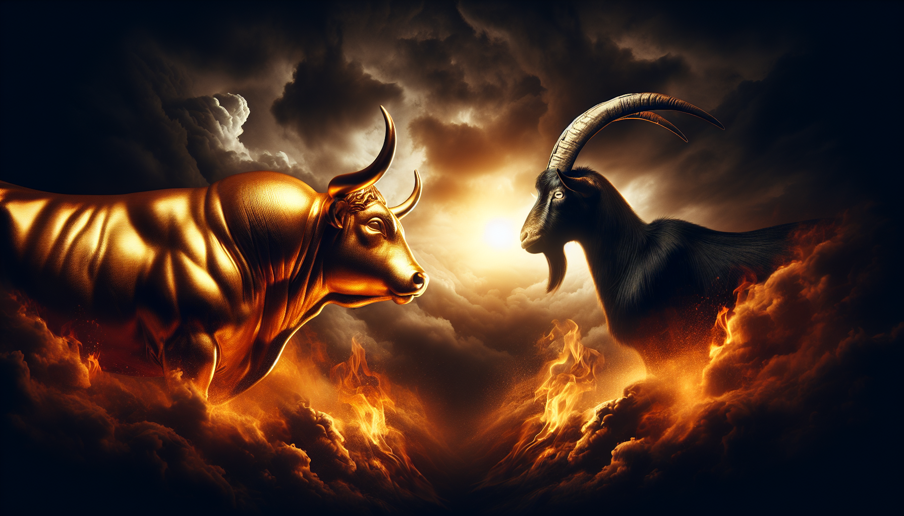 Golden bull and Capricorn goat facing each other under dark storm clouds — symbol of wealth and power