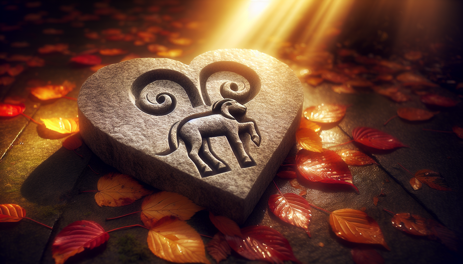 Capricorn symbol carved into a stone heart, surrounded by falling autumn leaves