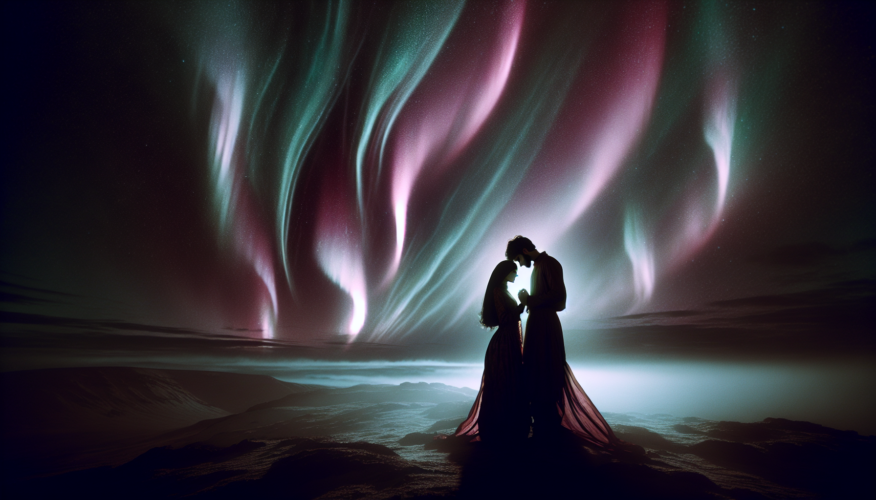 Lovers embracing under dark aurora lights, ethereal glow