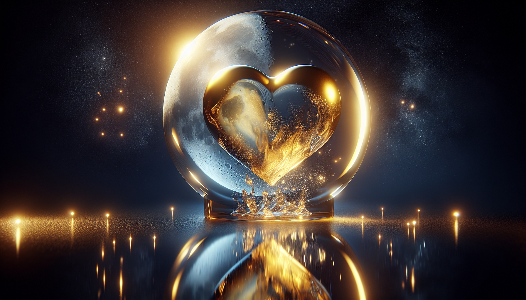 A golden heart trapped in crystal, beginning to melt under moonlight