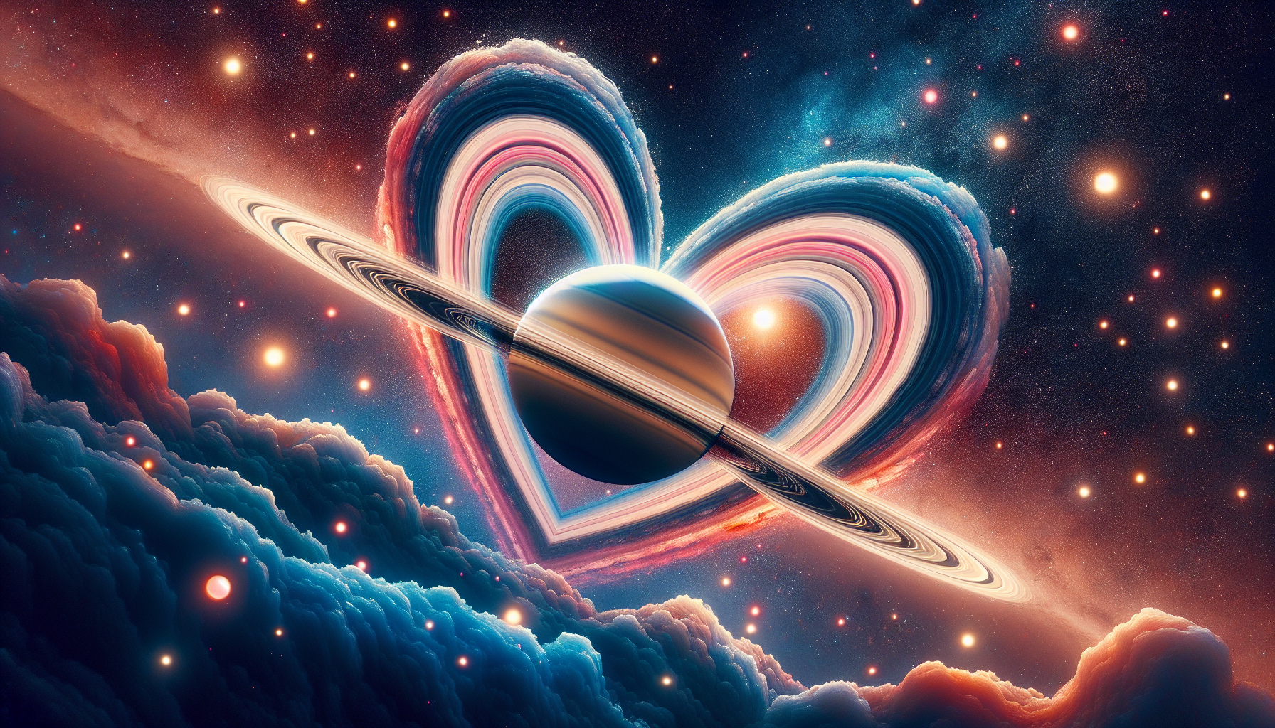 Saturn’s rings forming a heart shape, surrounded by cosmic dust