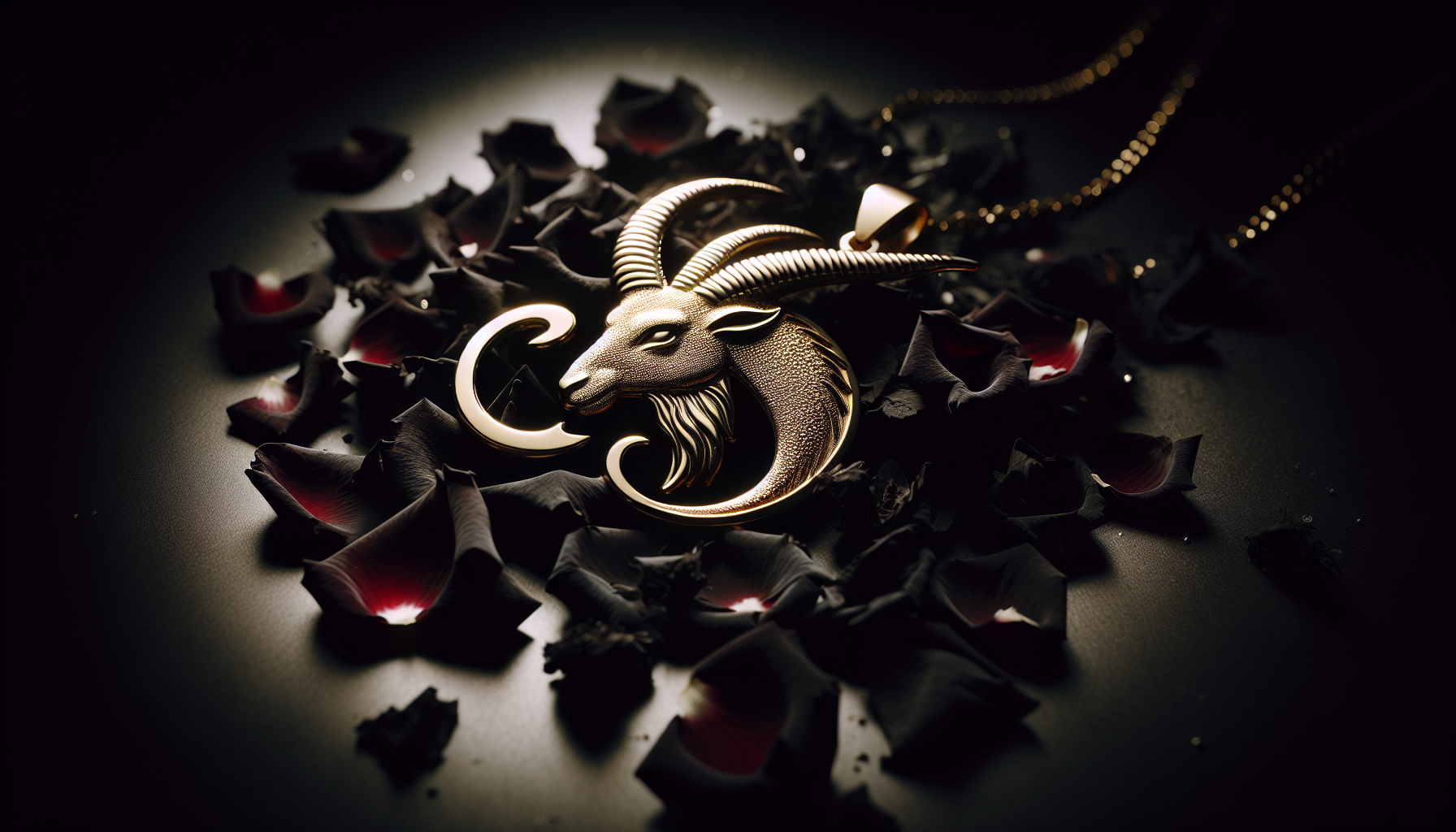 A Capricorn pendant resting on black rose petals, romantic mystic tone