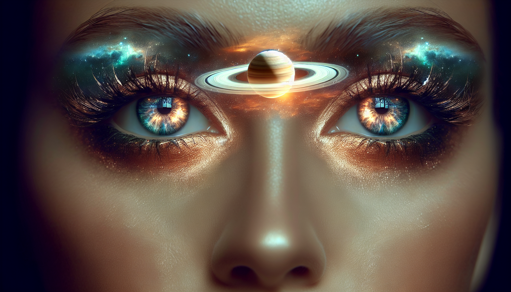 Capricorn woman’s eyes glowing with Saturn’s reflection, symbolizing inner love awakening