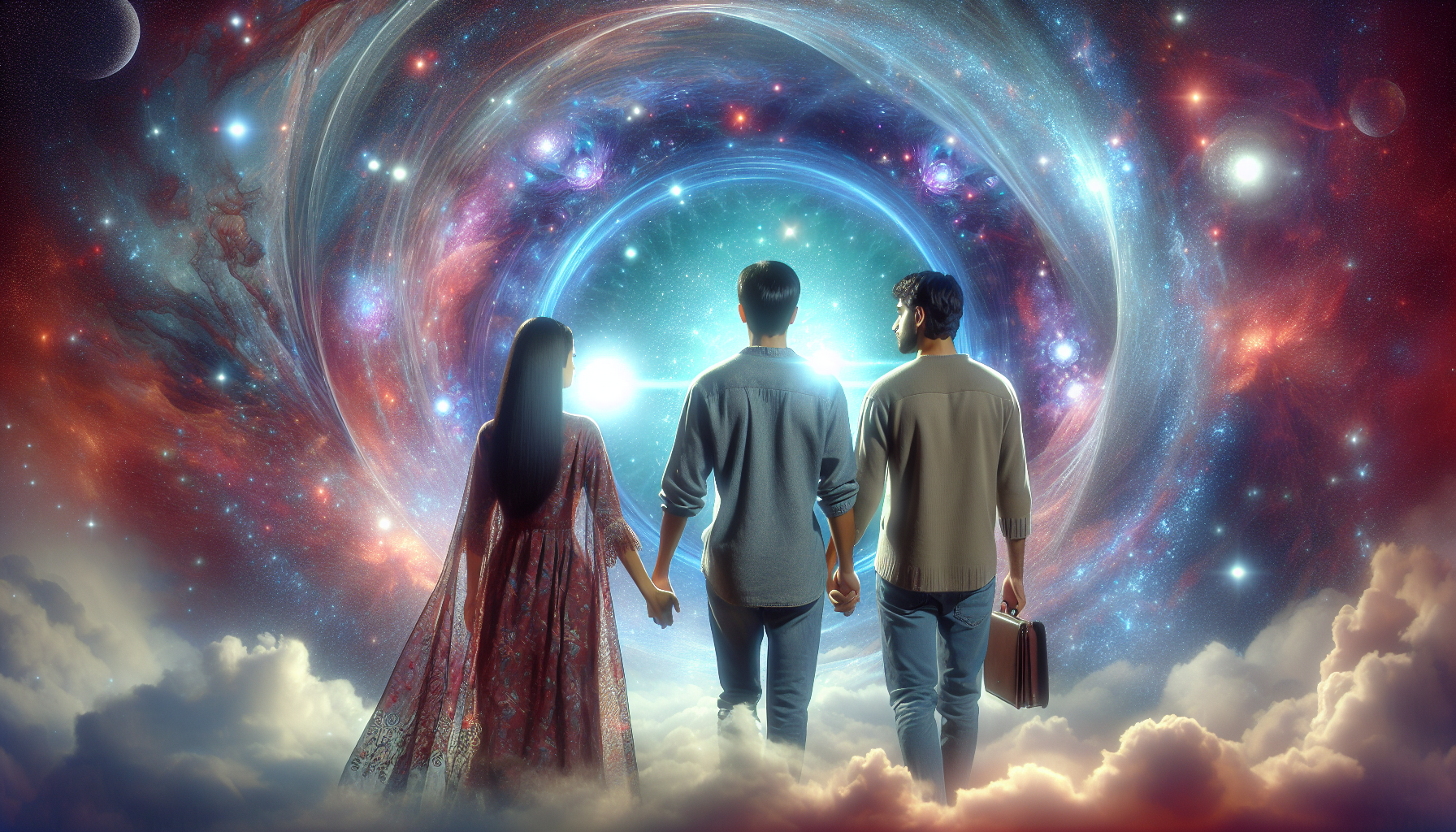 A couple standing before a portal of stars, stepping into love’s new dimension