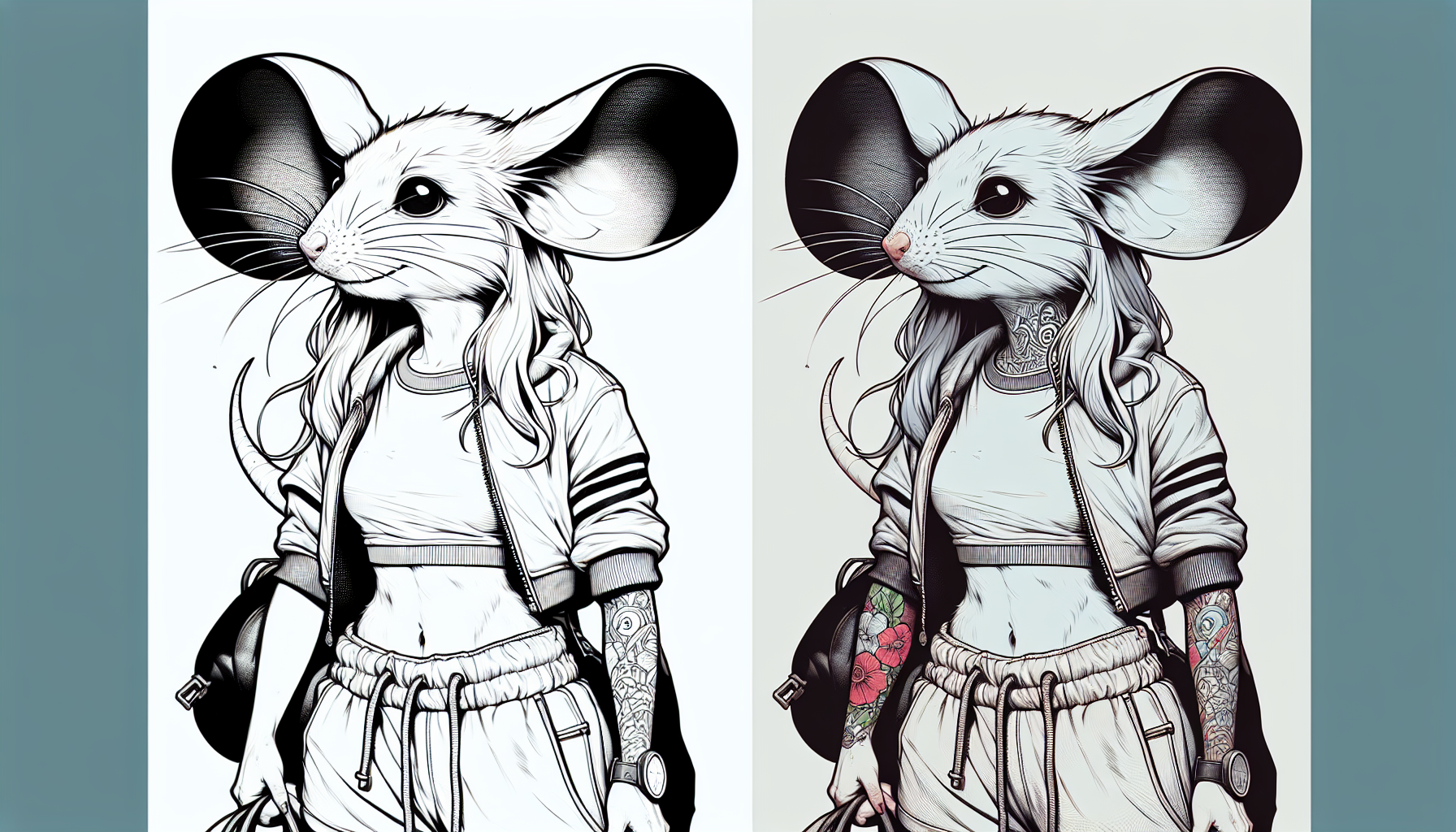 Minnie Mouse, looking right, holding a 35x40cm bag, with a tattoo on her arm, urban style, wearing a casual outfit, clothes with intense and vibrant colors, shadows, soft line art, modern aesthetic, clean digital illustration, cinematic shine, highly detailed, 8K ultra high resolution, large canvas, vibrant colors, transparent background.