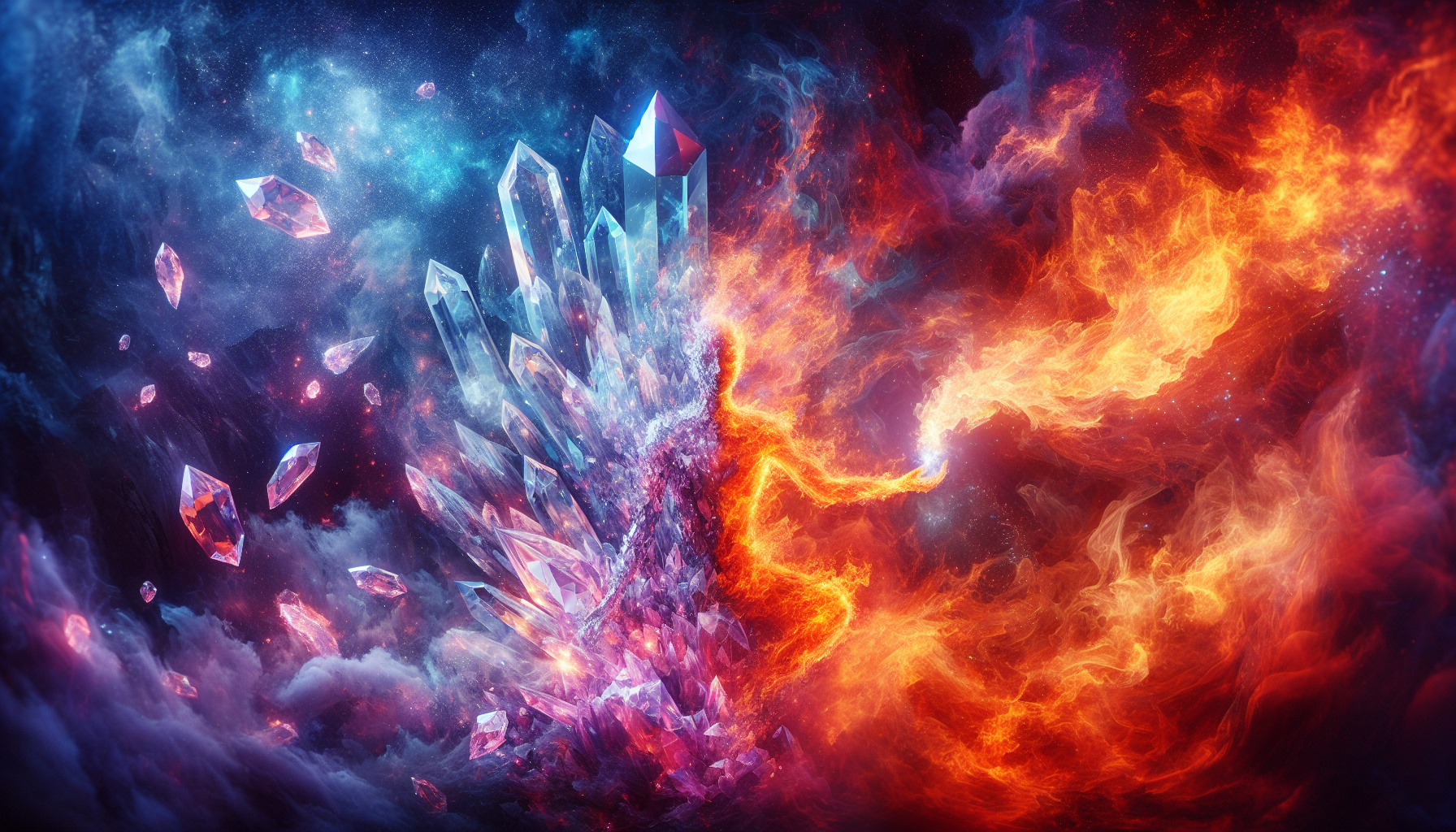 Abstract art of transformation with fire and crystal merging