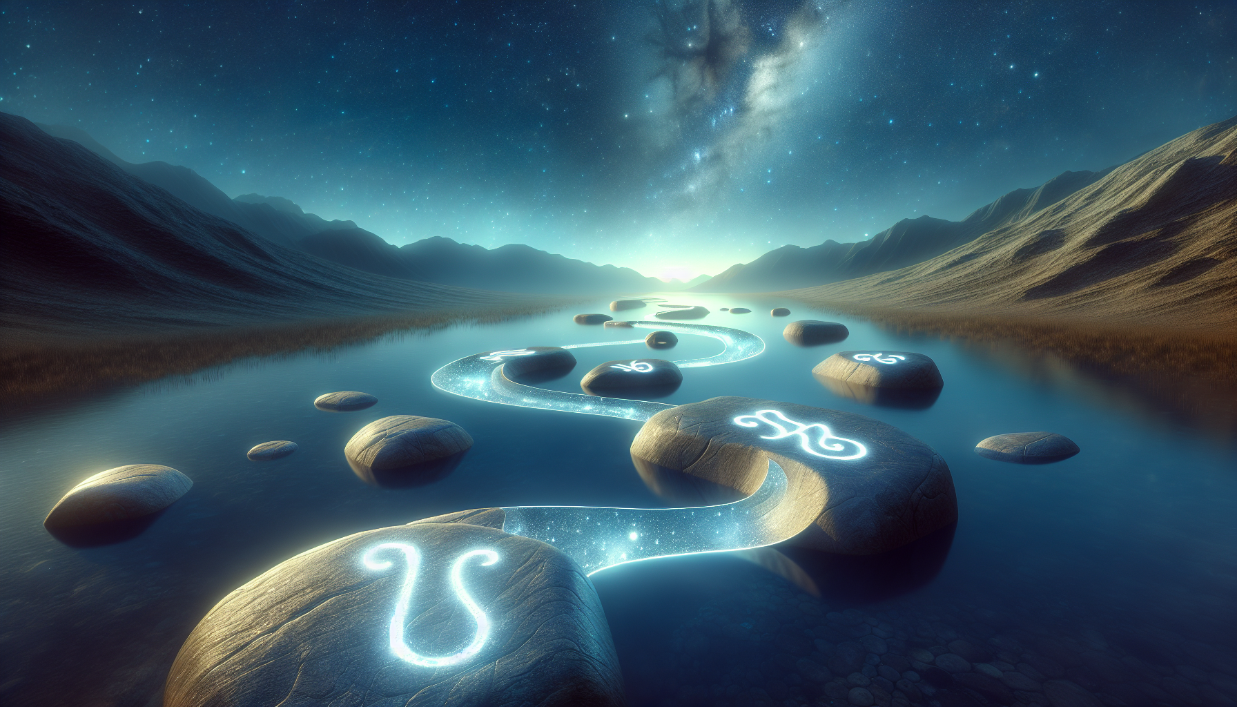 A spiritual path illuminated by starlight with Capricorn signs on stones