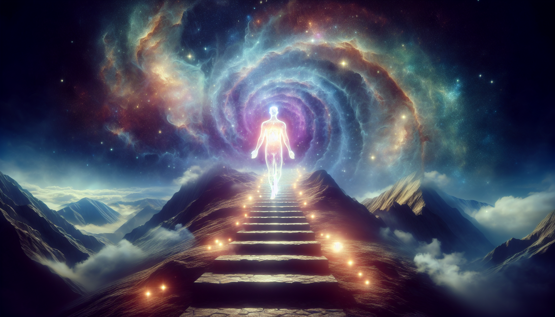 A soul ascending mountain steps glowing with cosmic light