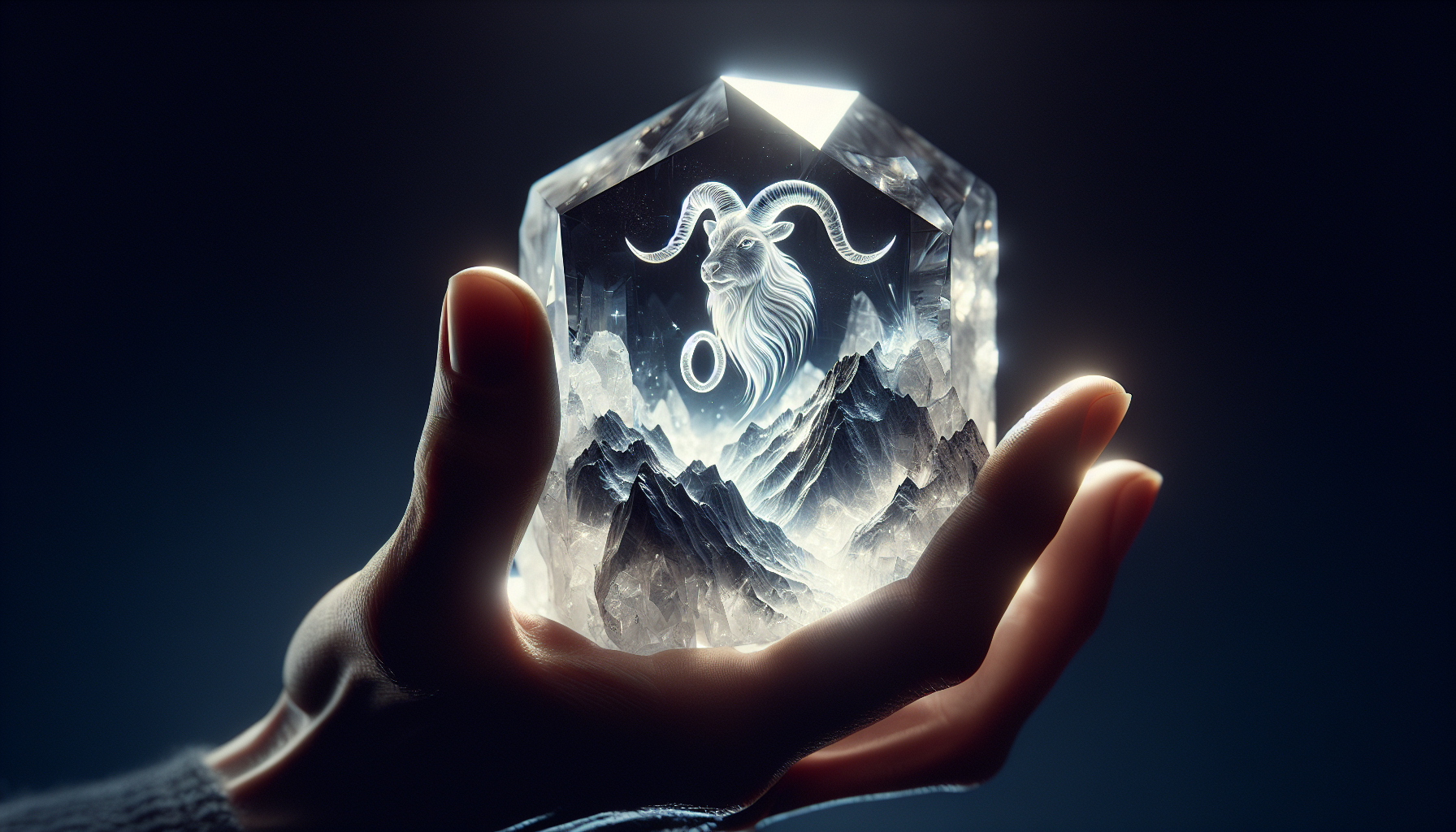 A hand holding a glowing mountain crystal with Capricorn glyph inside