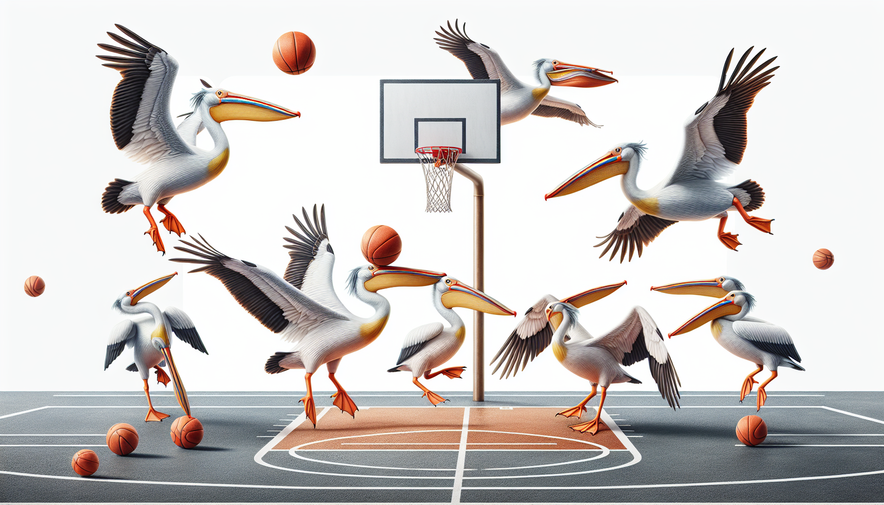 Uma partida de basquete cujos jogadores são pelicanos