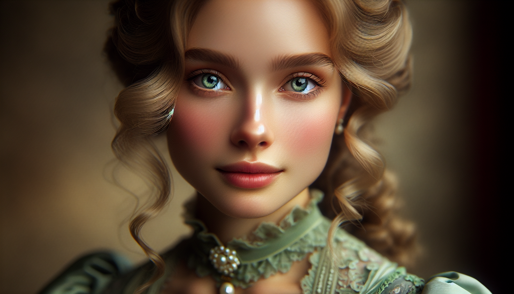 A realistic portrait of Layla Llewellyn, a young noblewoman from a European 19th-century setting, with soft ash-blonde wavy hair, light green eyes, porcelain skin, and a delicate, noble expression. She wears a pastel green Victorian-style gown with lace details and a pearl necklace. Gentle natural light, shallow depth of field, 85mm lens, cinematic soft focus, ultra-detailed skin texture, photorealistic.