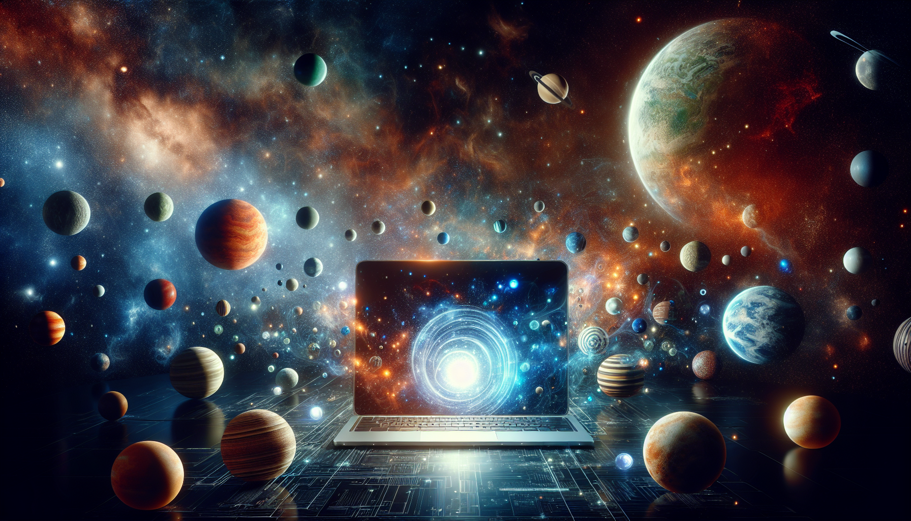 Dark cosmic office scene — planets orbiting around a glowing laptop.