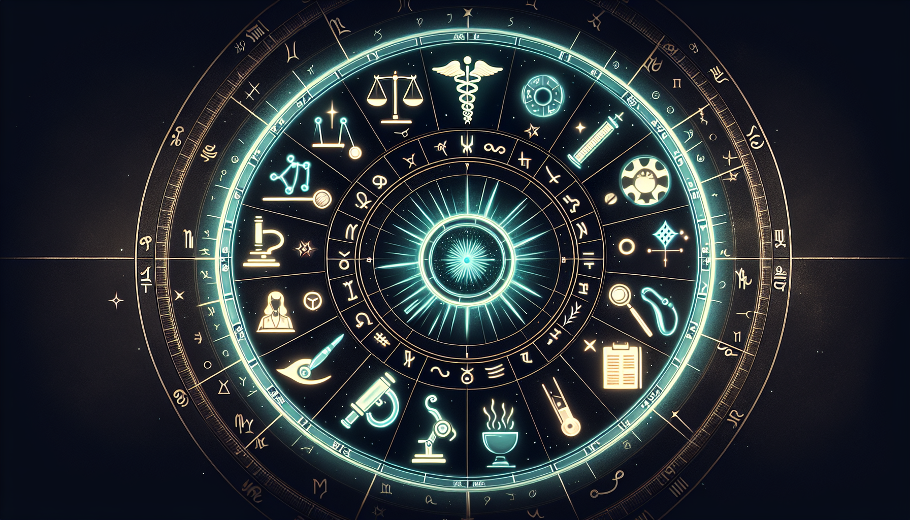 Dark-toned astrological chart glowing subtly with career symbols highlighted.