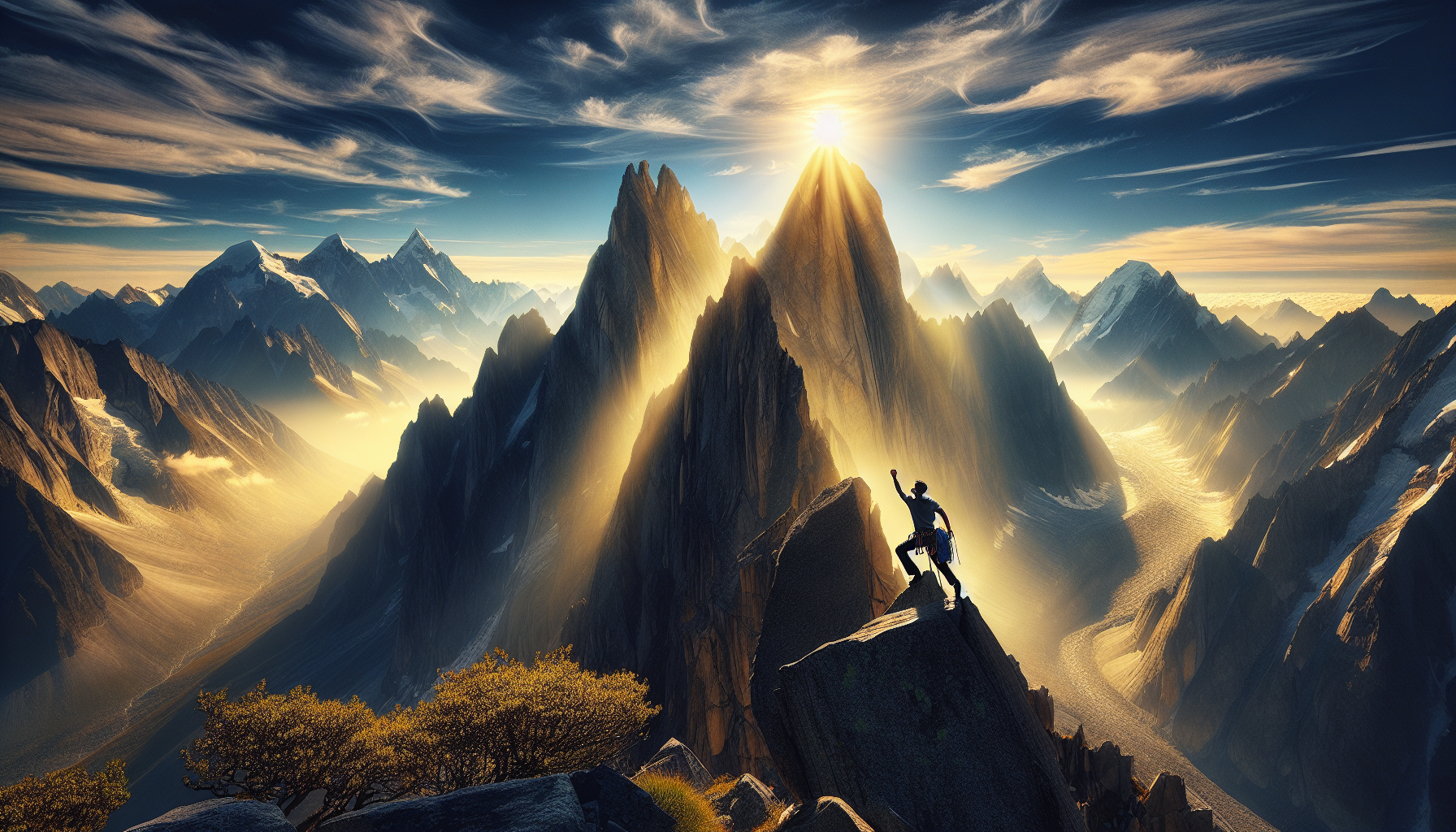 A lone climber reaching a mountain summit surrounded by golden aura.