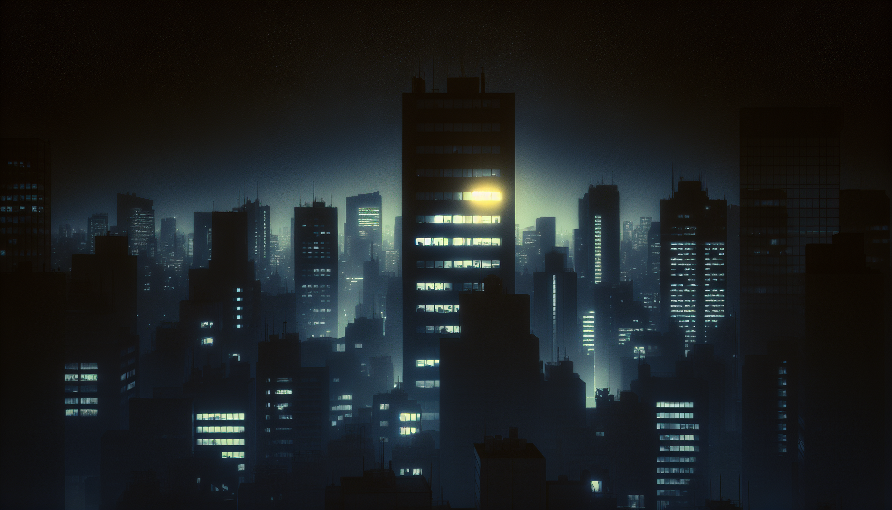 A dark-toned cityscape with a single glowing office window — “the Capricorn working late.”