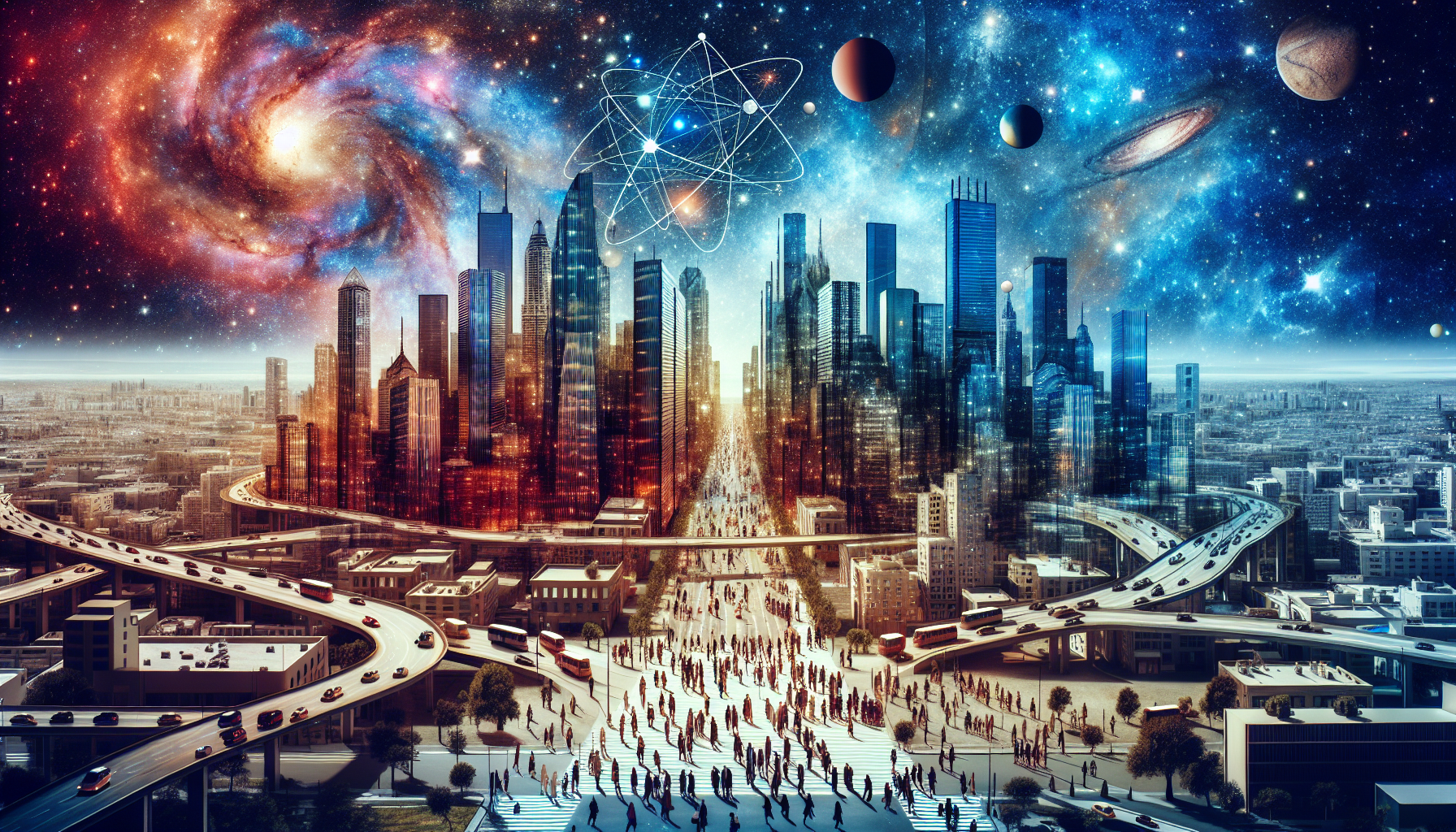 Abstract business city blending with cosmic elements — career meets destiny.