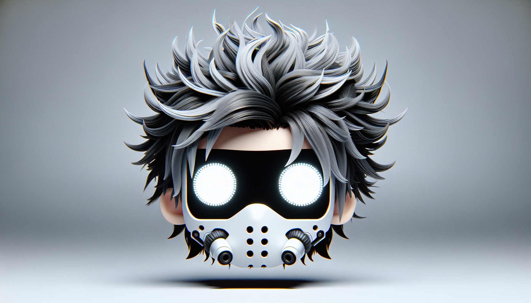 Chibi of some kind kf dude with messy hair(in a good way) and a cybermask thats only a white screen and 2 black corcles