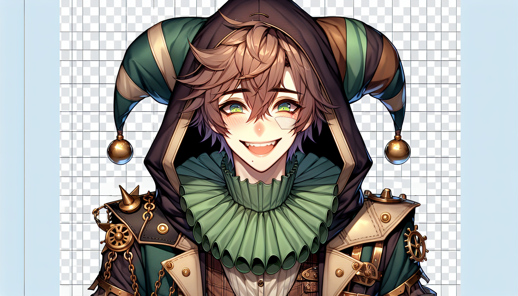 a cute anime-style male vtuber character with fluffy medium brown hair, light skin, and a cheerful mischievous smile showing teeth. He has a small bandage on his left cheek, soft blush, and bright expressive eyes (can be closed or smiling). He wears a stylish dark hoodie inspired by a jester and steampunk fashion — the hoodie has green stripes on the collar and sleeves, metallic details, brass buttons, and a few subtle gear ornaments. The collar is slightly high and decorated like a jester’s ruff but soft and modern. Optional small bells or brass accents near the sleeves. His outfit combines soft fabric with a few leather and mechanical touches. The art style is colorful, clean, semi-cartoonish with smooth shading and soft lineart. Background transparent, centered, full upper body view, suitable for Live2D rigging.