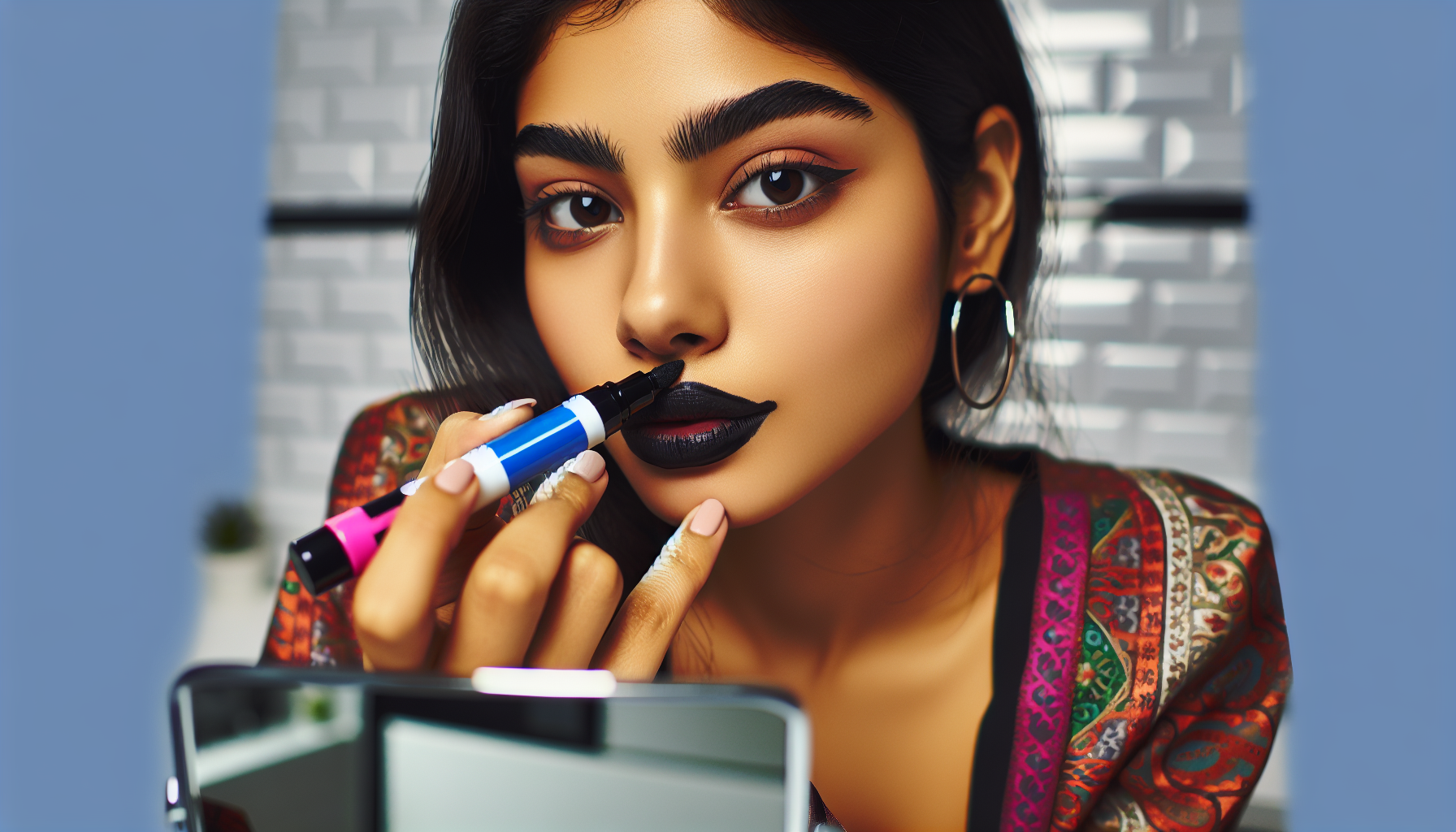 Create a young beautiful woman who uses black permanent marker instead of lipstick
