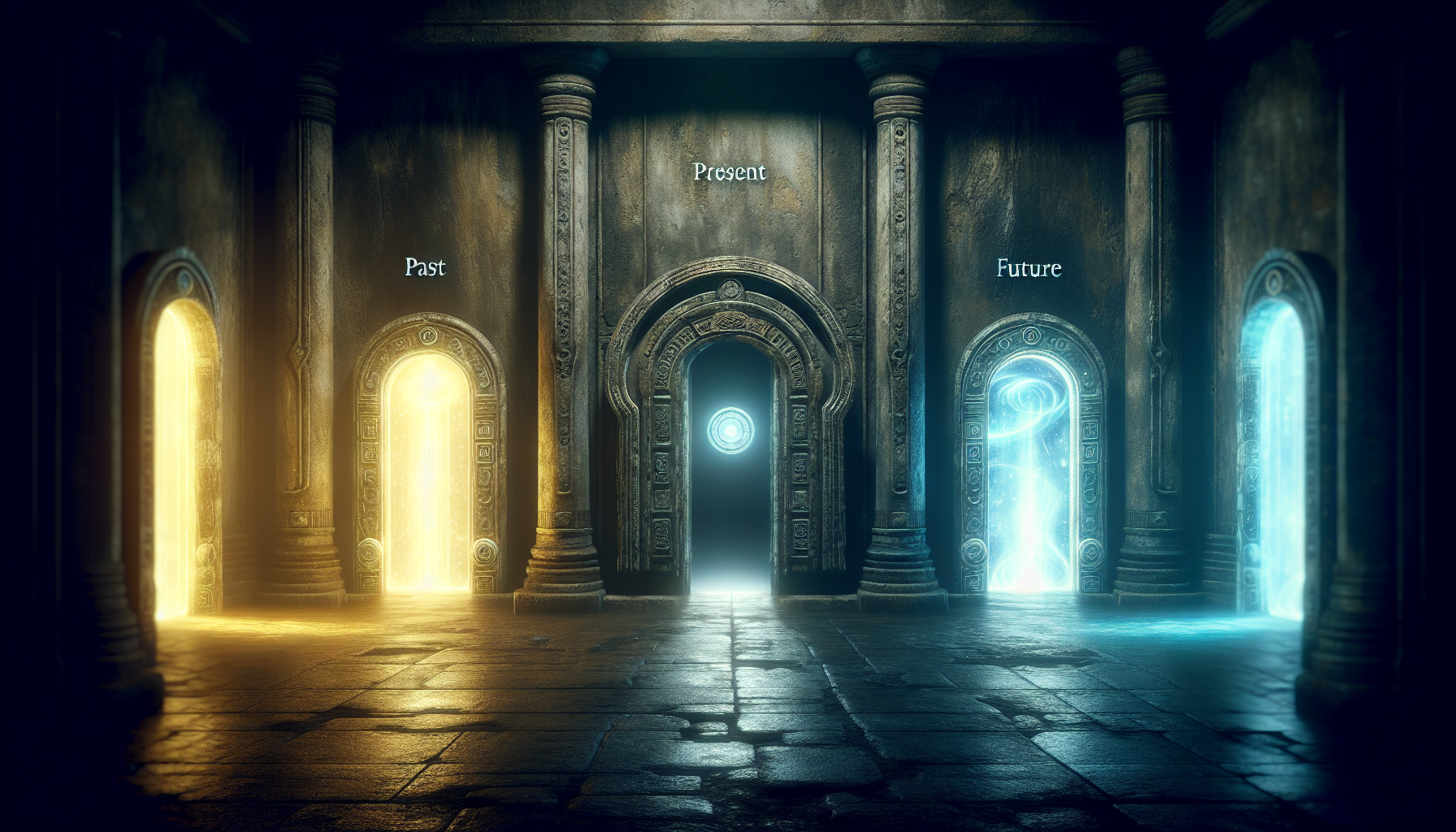 A dark temple interior with three glowing doors labeled “Past,” “Present,” “Future.”